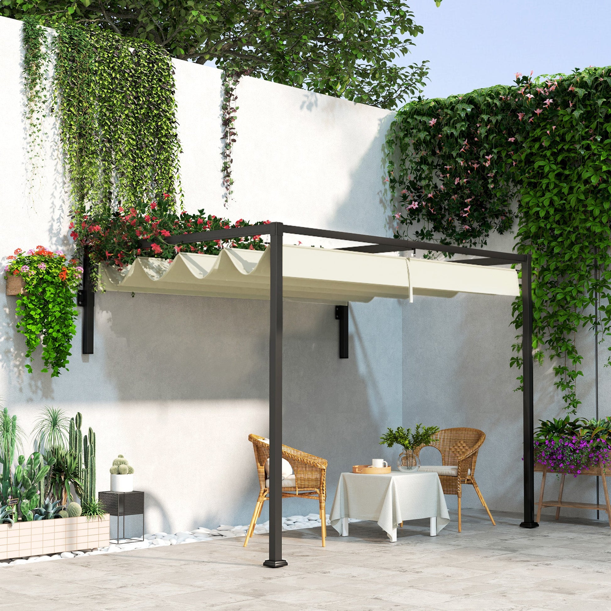 2 x 3(m) Lean To Pergola with Retractable Roof, Wall Mounted Garden Gazebo Outdoor Sun Shade Shelter for Patio, Khaki