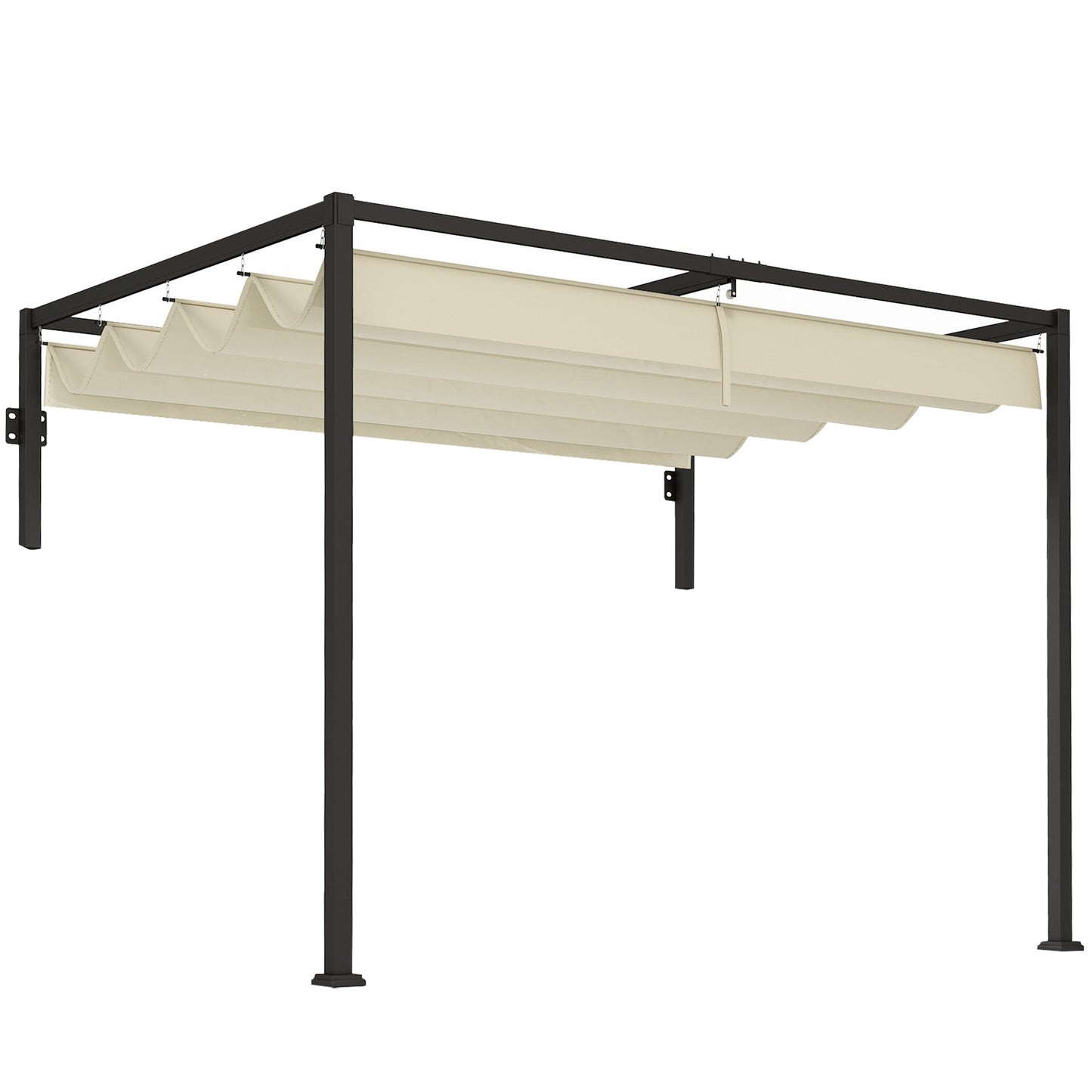 2 x 3(m) Lean To Pergola with Retractable Roof, Wall Mounted Garden Gazebo Outdoor Sun Shade Shelter for Patio, Khaki
