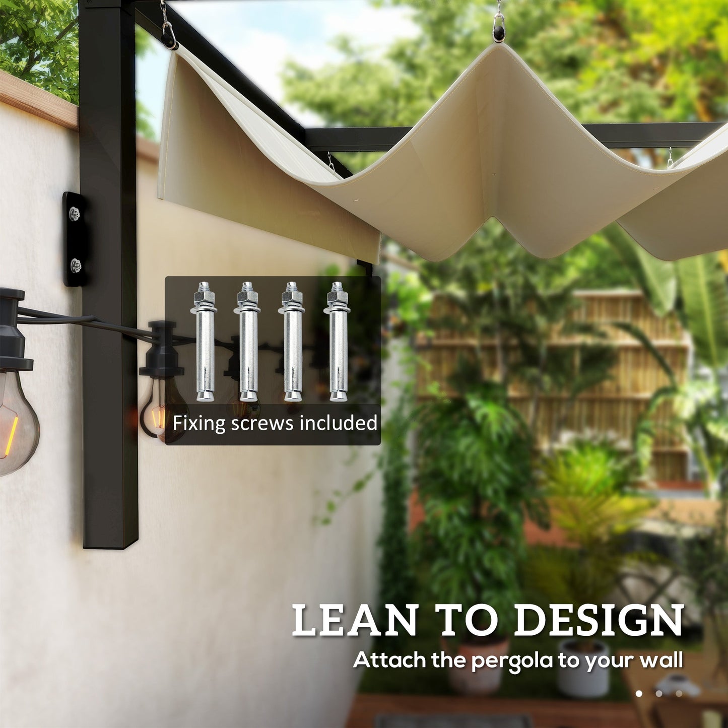 2 x 3(m) Lean To Pergola with Retractable Roof, Wall Mounted Garden Gazebo Outdoor Sun Shade Shelter for Patio, Khaki