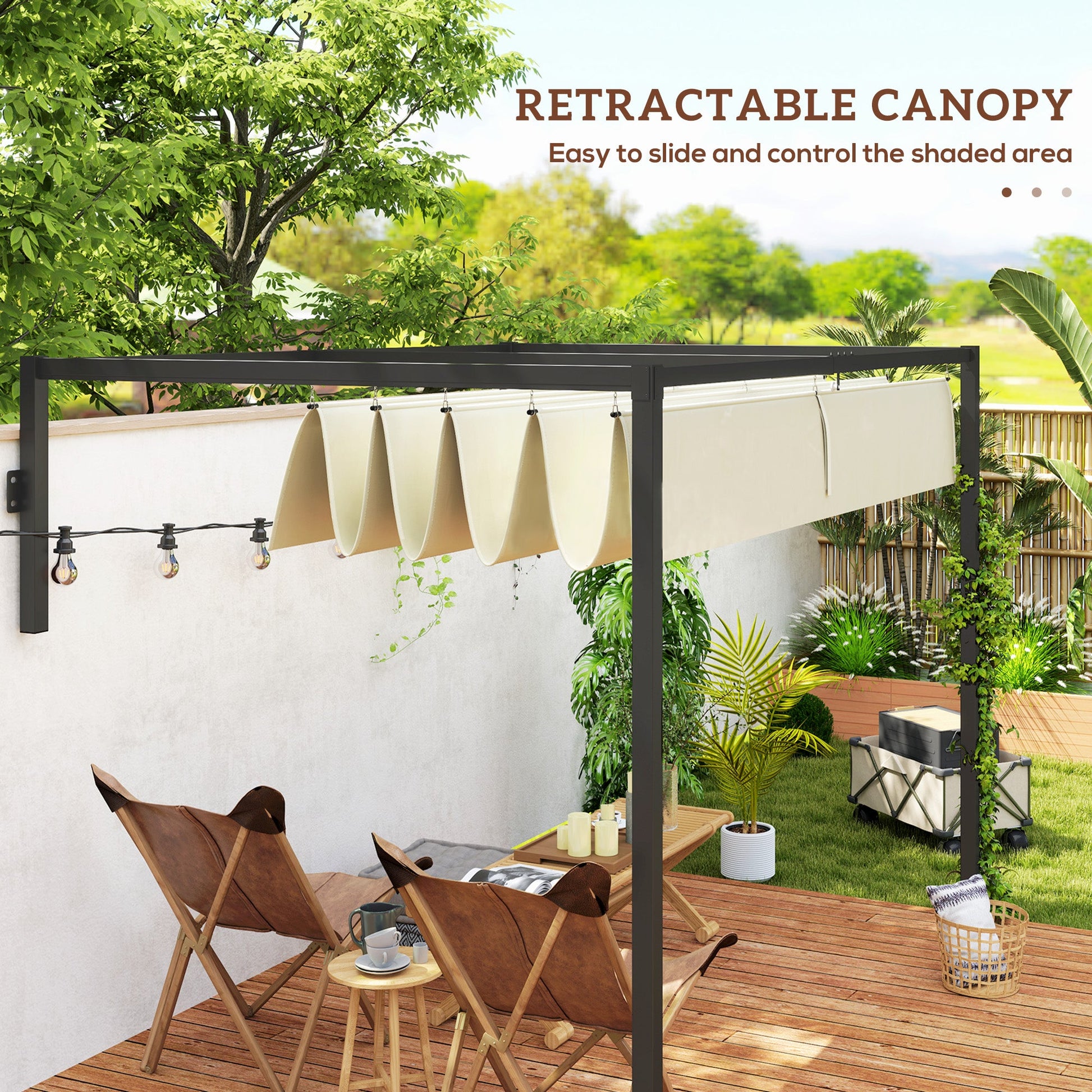 2 x 3(m) Lean To Pergola with Retractable Roof, Wall Mounted Garden Gazebo Outdoor Sun Shade Shelter for Patio, Khaki