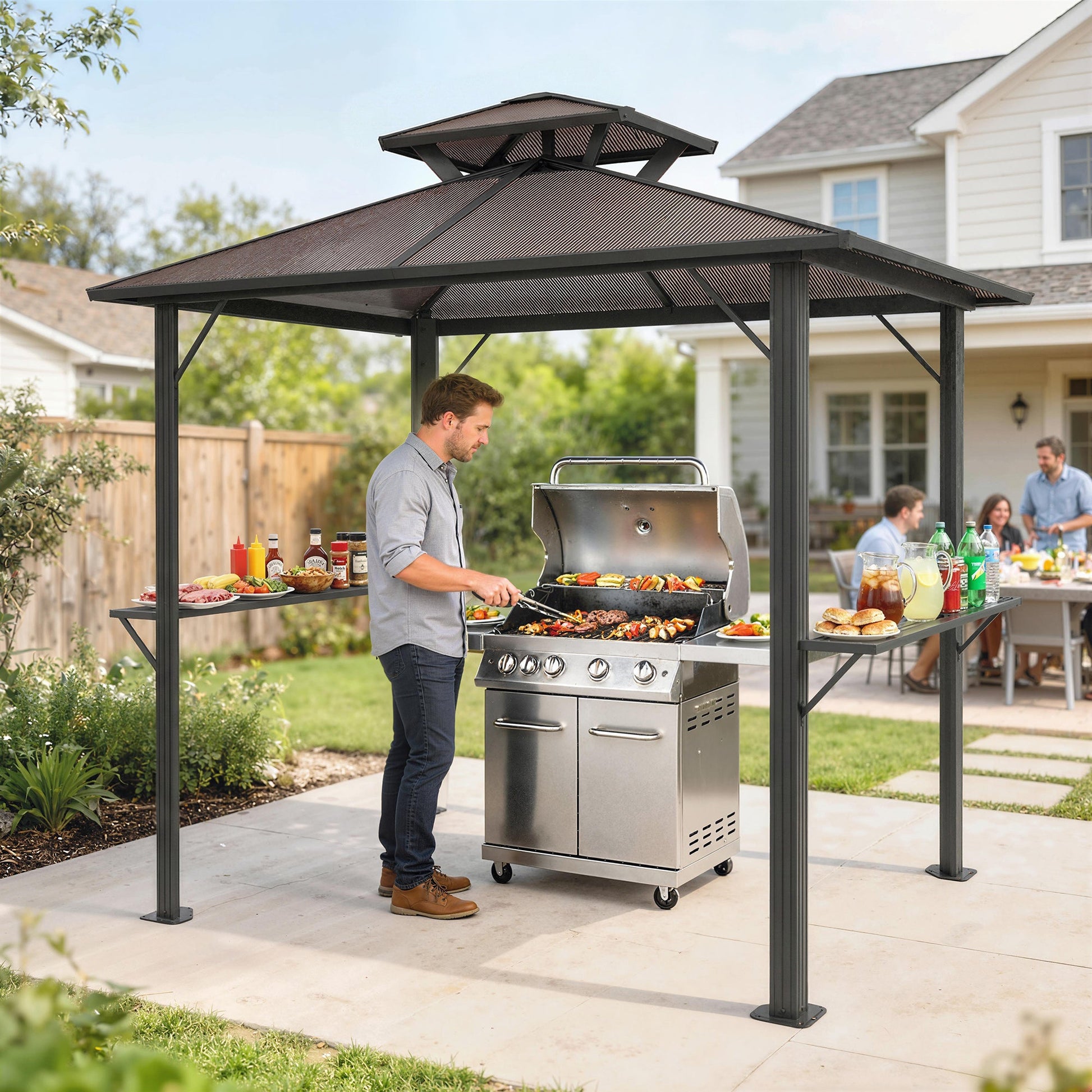2.5 x 1.5 m Hardtop BBQ Grill Gazebo with Double Polycarbonate Roof, Aluminium Outdoor BBQ Gazebo Shelter Grill Canopy with 2 Side Shelves for Garden Patio, Brown