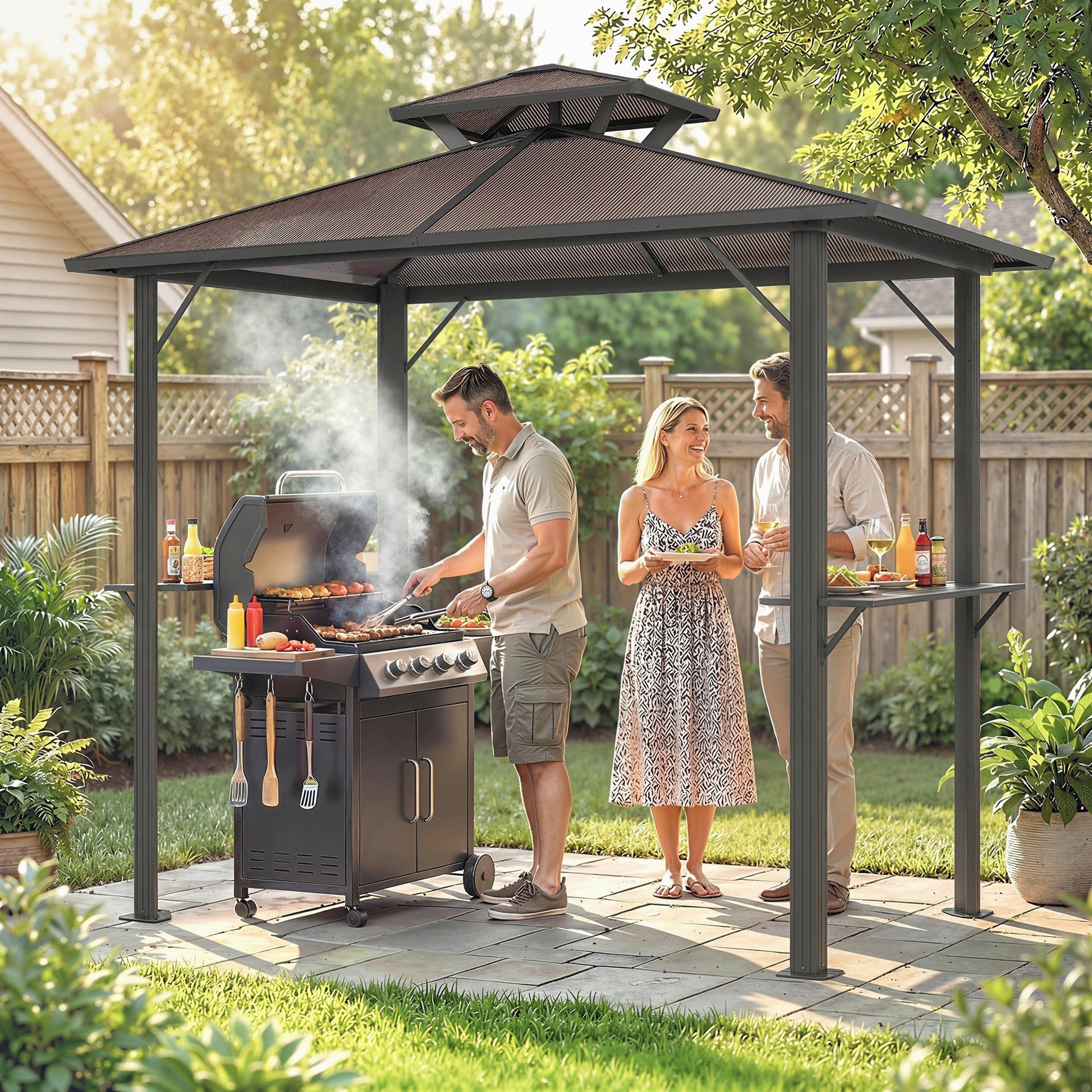 2.5 x 1.5 m Hardtop BBQ Grill Gazebo with Double Polycarbonate Roof, Aluminium Outdoor BBQ Gazebo Shelter Grill Canopy with 2 Side Shelves for Garden Patio, Brown