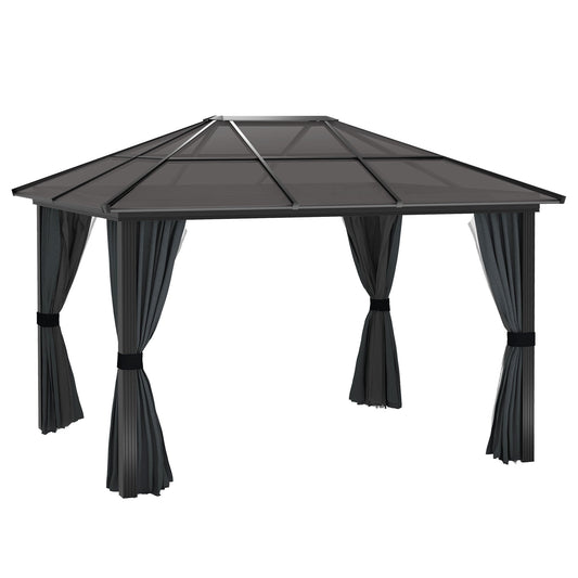 3 x 3.6m Hardtop Gazebo Canopy with Polycarbonate Roof, Aluminium Frame, Permanent Pavilion Garden Gazebo with Netting and Curtains for Patio, Deck, Dark Grey
