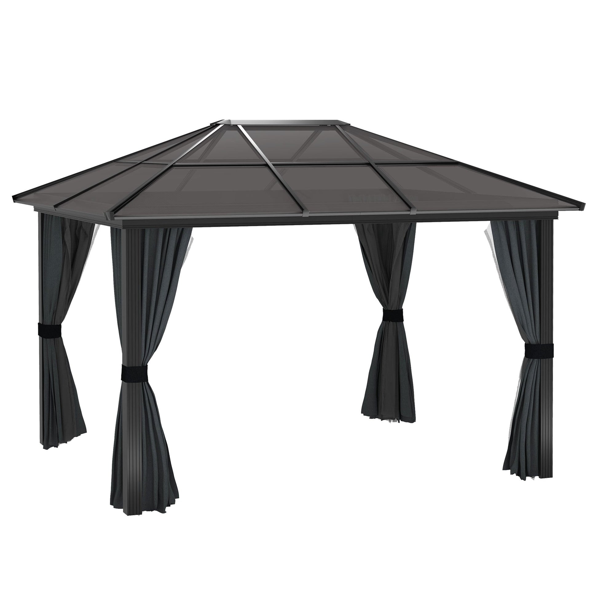 3 x 3.6m Hardtop Gazebo Canopy with Polycarbonate Roof, Aluminium Frame, Permanent Pavilion Garden Gazebo with Netting and Curtains for Patio, Deck, Dark Grey