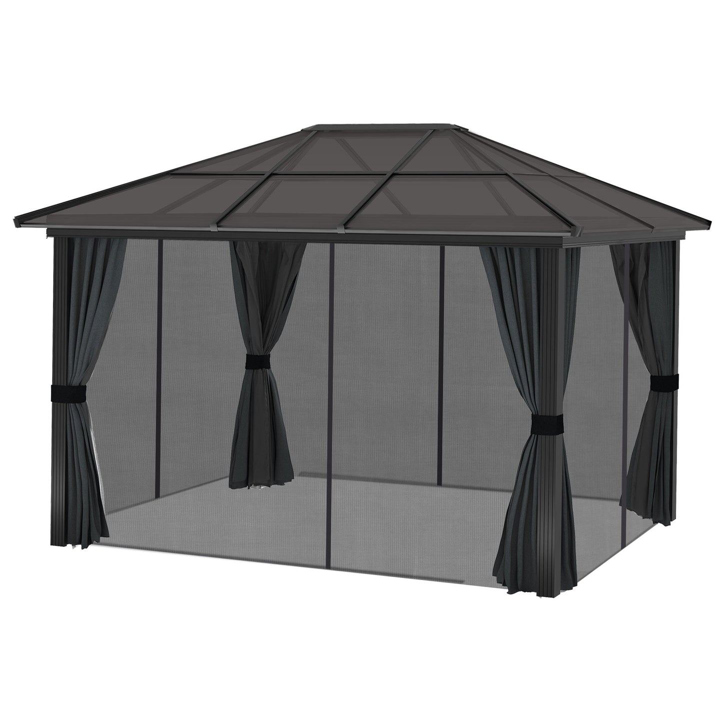 3 x 3.6m Hardtop Gazebo Canopy with Polycarbonate Roof, Aluminium Frame, Permanent Pavilion Garden Gazebo with Netting and Curtains for Patio, Deck, Dark Grey