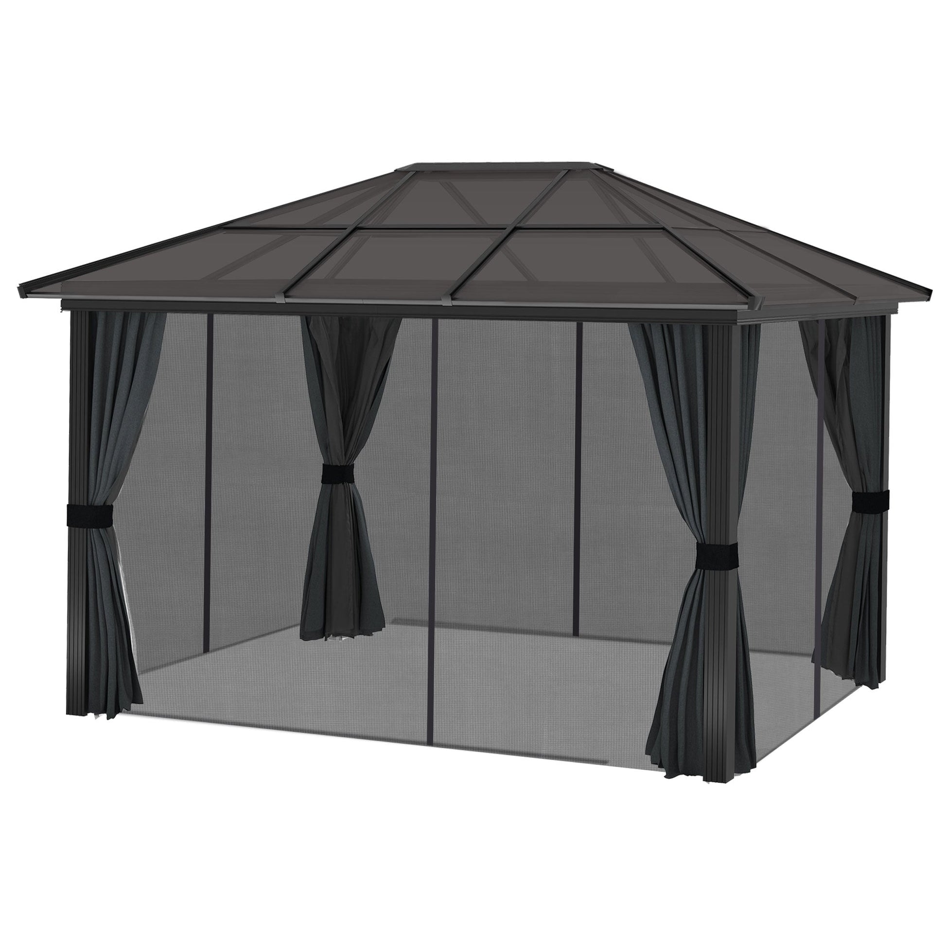 3 x 3.6m Hardtop Gazebo Canopy with Polycarbonate Roof, Aluminium Frame, Permanent Pavilion Garden Gazebo with Netting and Curtains for Patio, Deck, Dark Grey
