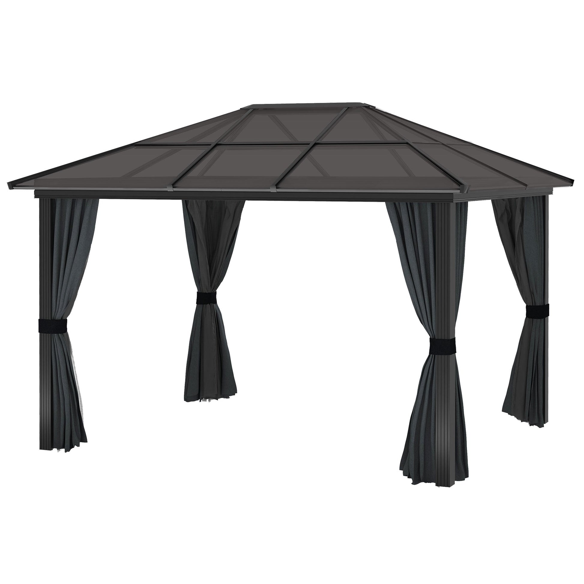 3 x 3.6m Hardtop Gazebo Canopy with Polycarbonate Roof, Aluminium Frame, Permanent Pavilion Garden Gazebo with Netting and Curtains for Patio, Deck, Dark Grey