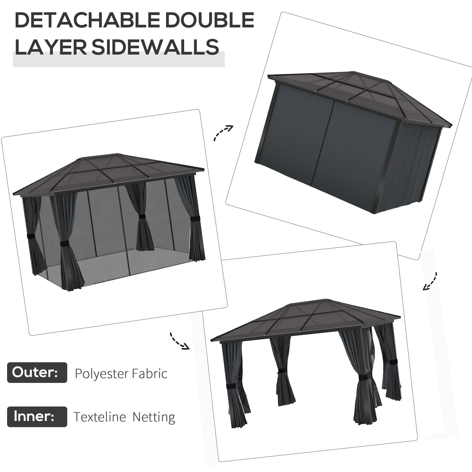 3 x 3.6m Hardtop Gazebo Canopy with Polycarbonate Roof, Aluminium Frame, Permanent Pavilion Garden Gazebo with Netting and Curtains for Patio, Deck, Dark Grey
