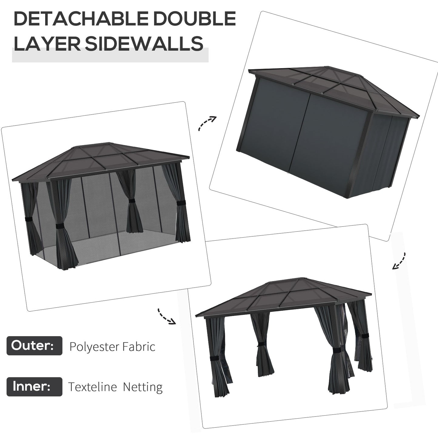 3 x 3.6m Hardtop Gazebo Canopy with Polycarbonate Roof, Aluminium Frame, Permanent Pavilion Garden Gazebo with Netting and Curtains for Patio, Deck, Dark Grey
