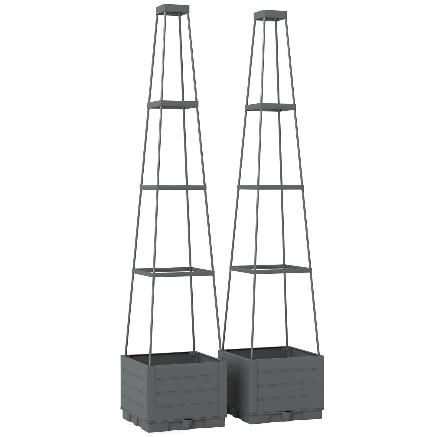 2 Pack Raised Garden Bed with Trellis, Plastic Outdoor Planter Box with Removable Drainage Tray, Tomato Cage for Climbing Plants, Vegetables, Flowers, 28 x 28 x 140 cm