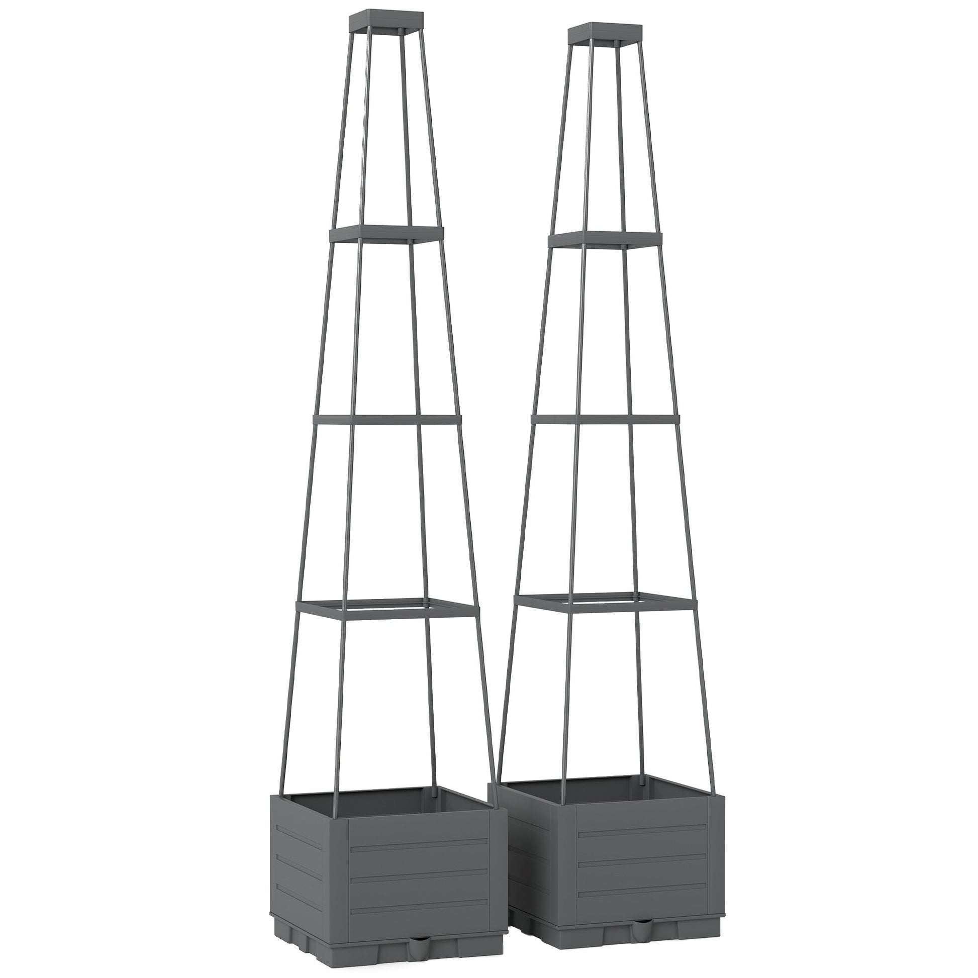2 Pack Raised Garden Bed with Trellis, Plastic Outdoor Planter Box with Removable Drainage Tray, Tomato Cage for Climbing Plants, Vegetables, Flowers, 28 x 28 x 140 cm