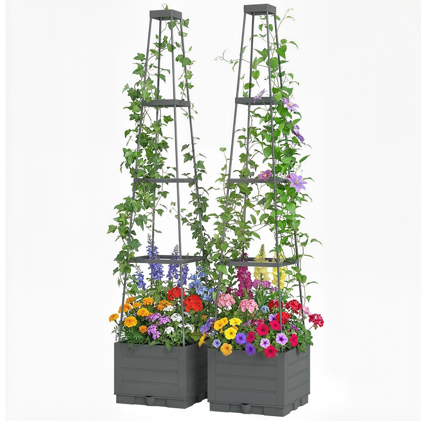 2 Pack Raised Garden Bed with Trellis, Plastic Outdoor Planter Box with Removable Drainage Tray, Tomato Cage for Climbing Plants, Vegetables, Flowers, 28 x 28 x 140 cm