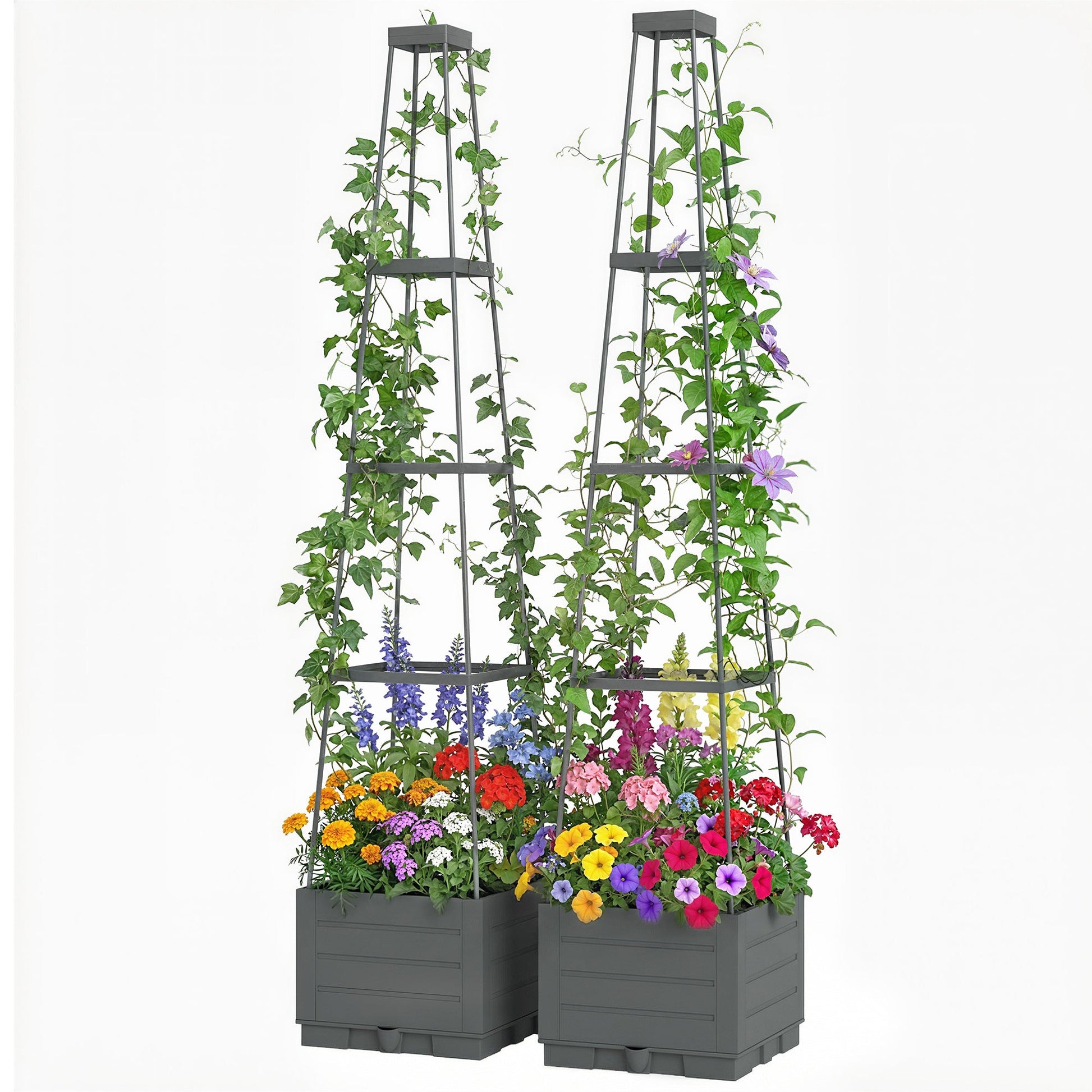 2 Pack Raised Garden Bed with Trellis, Plastic Outdoor Planter Box with Removable Drainage Tray, Tomato Cage for Climbing Plants, Vegetables, Flowers, 28 x 28 x 140 cm