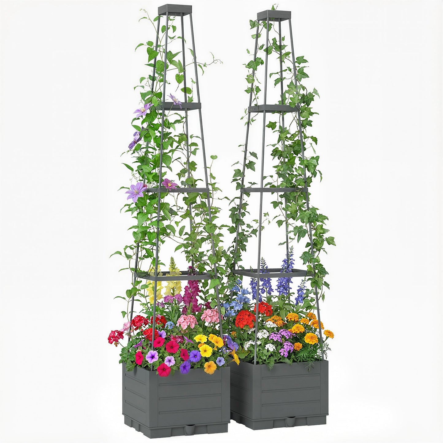 2 Pack Raised Garden Bed with Trellis, Plastic Outdoor Planter Box with Removable Drainage Tray, Tomato Cage for Climbing Plants, Vegetables, Flowers, 28 x 28 x 140 cm