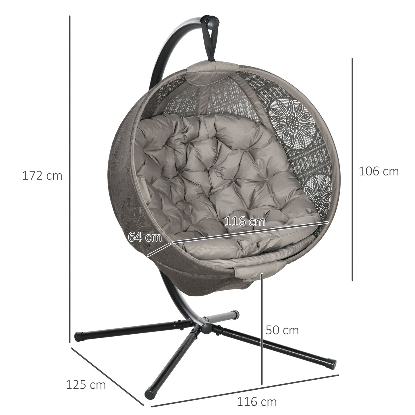Outdoor Hanging Chair, Swing Chair with Metal Stand, Thick Padded Cushion, Foldable Basket and Side Pocket, for Indoor and Outdoor, Sand