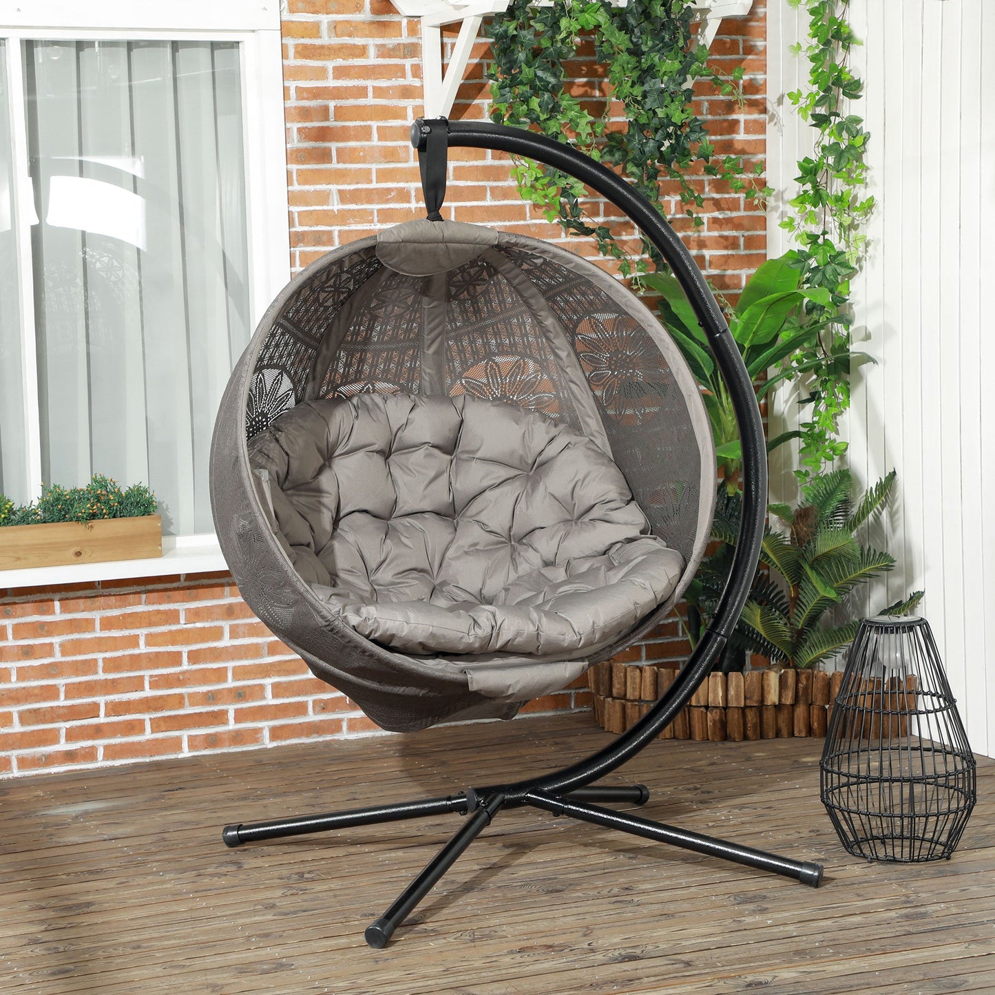 Outdoor Hanging Chair, Swing Chair with Metal Stand, Thick Padded Cushion, Foldable Basket and Side Pocket, for Indoor and Outdoor, Sand