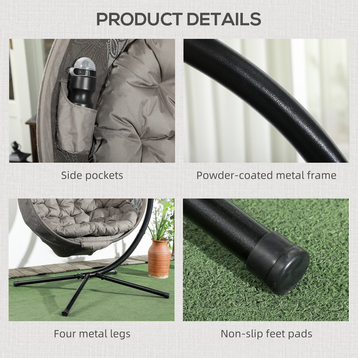 Outdoor Hanging Chair, Swing Chair with Metal Stand, Thick Padded Cushion, Foldable Basket and Side Pocket, for Indoor and Outdoor, Sand