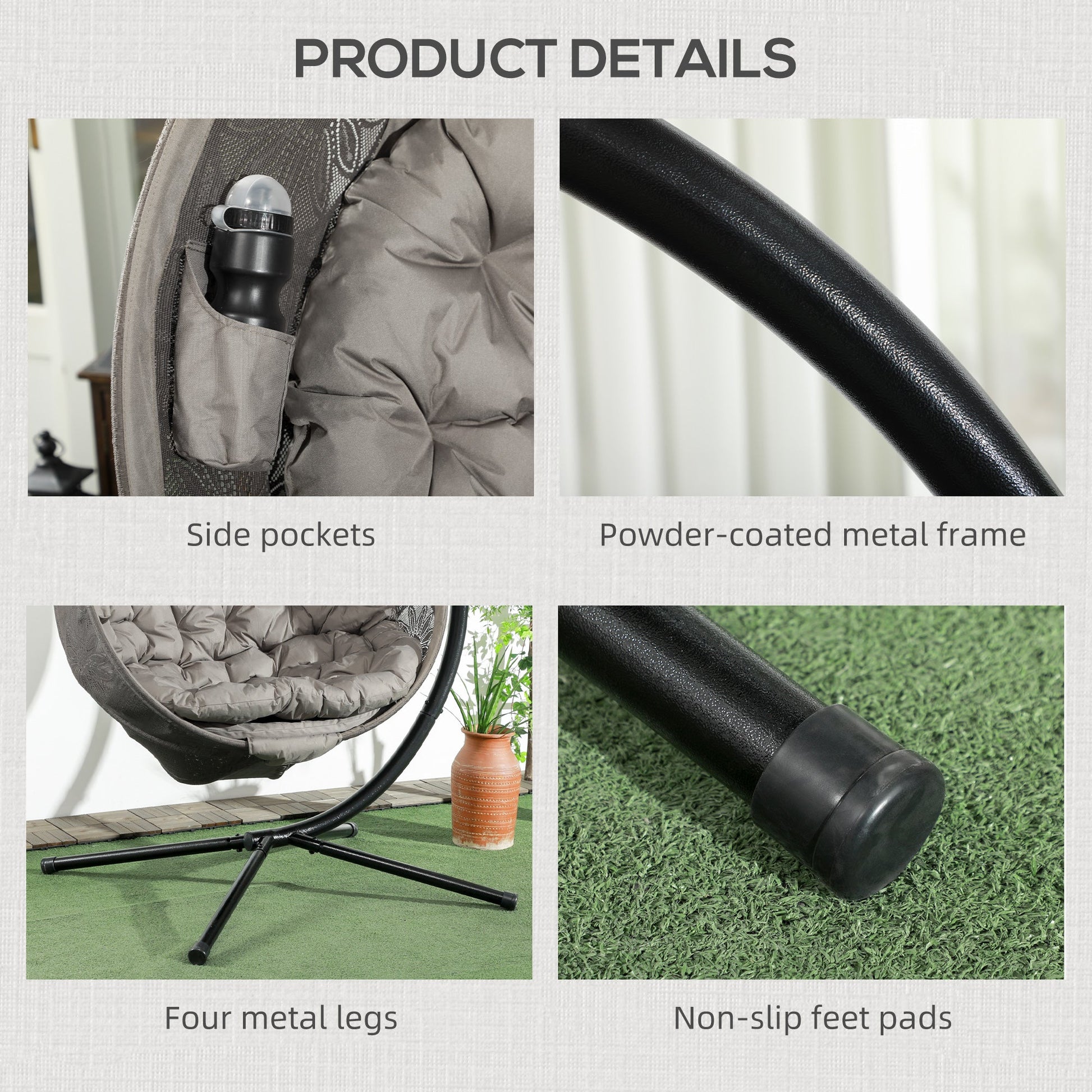 Outdoor Hanging Chair, Swing Chair with Metal Stand, Thick Padded Cushion, Foldable Basket and Side Pocket, for Indoor and Outdoor, Sand