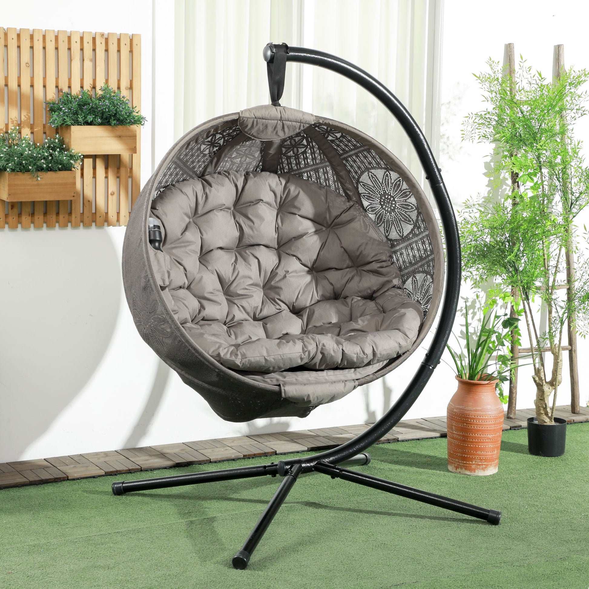 Outdoor Hanging Chair, Swing Chair with Metal Stand, Thick Padded Cushion, Foldable Basket and Side Pocket, for Indoor and Outdoor, Sand