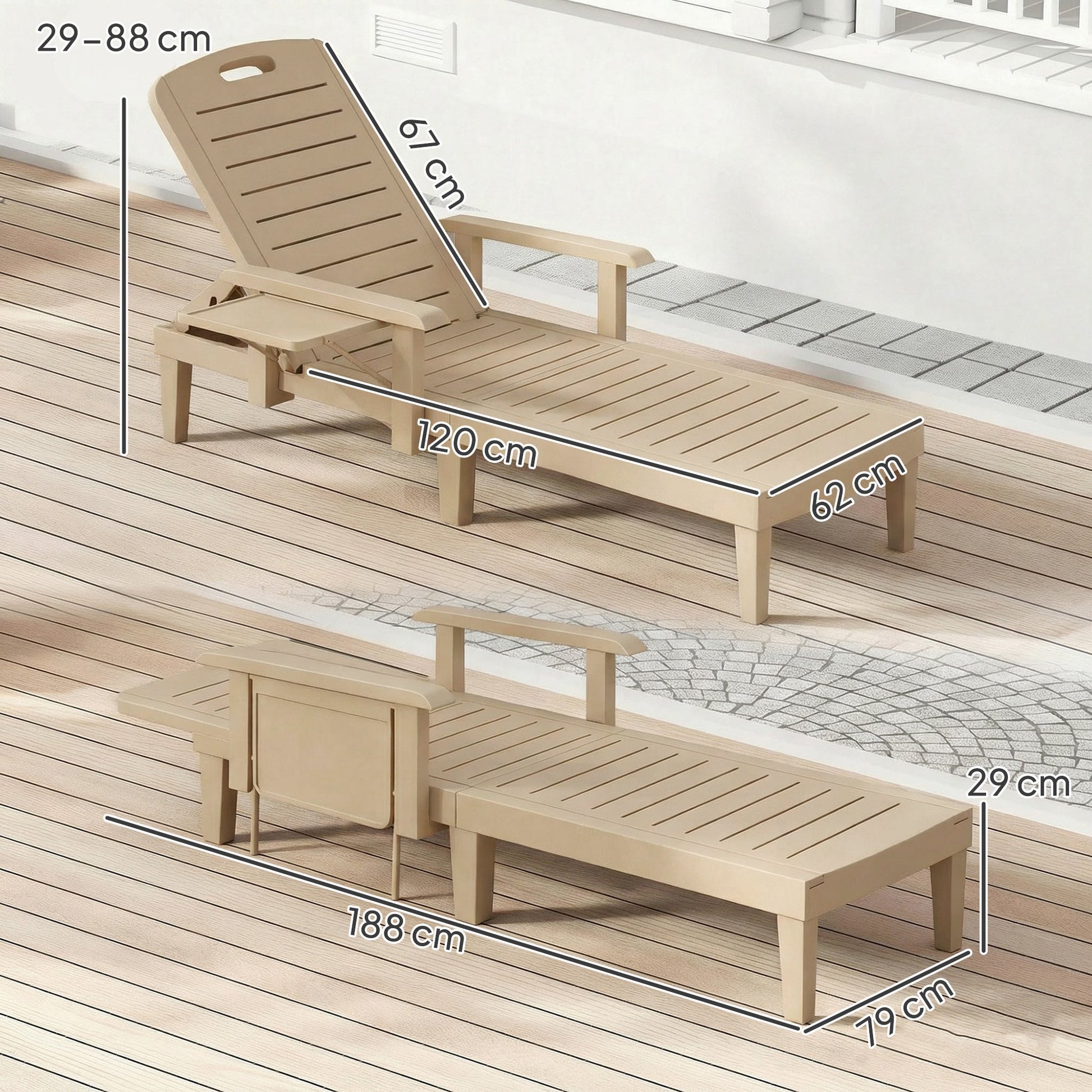 Set of 2 Resin Reclining Sun Loungers for Garden, 5 Positions Adjustable Outdoor Chaise Lounge Chair with Wood Texture Surface, Armrests, Foldable Side Table for Garden, Beach, Khaki