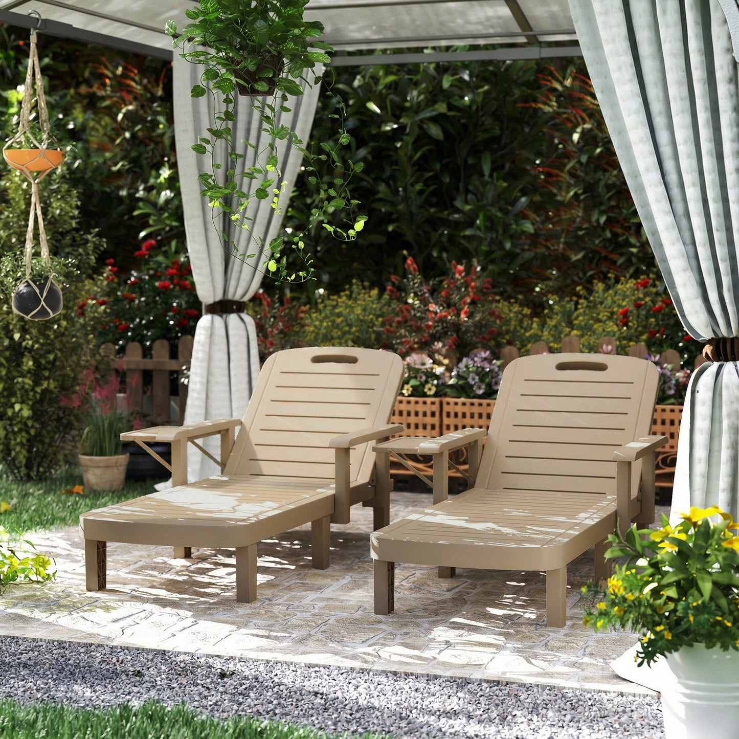 Set of 2 Resin Reclining Sun Loungers for Garden, 5 Positions Adjustable Outdoor Chaise Lounge Chair with Wood Texture Surface, Armrests, Foldable Side Table for Garden, Beach, Khaki