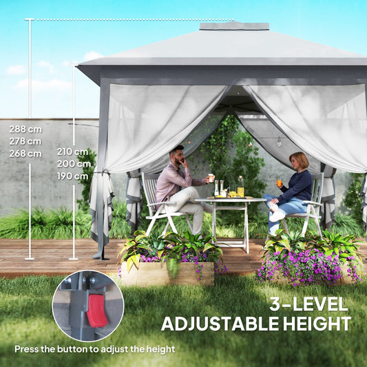 3.3 x 3.3m Pop Up Gazebo, Double Roof Foldable Canopy Tent with Zipped Mesh Sidewalls, Height Adjustable and Carrying Bag, Event Tent for Patio Garden, Grey