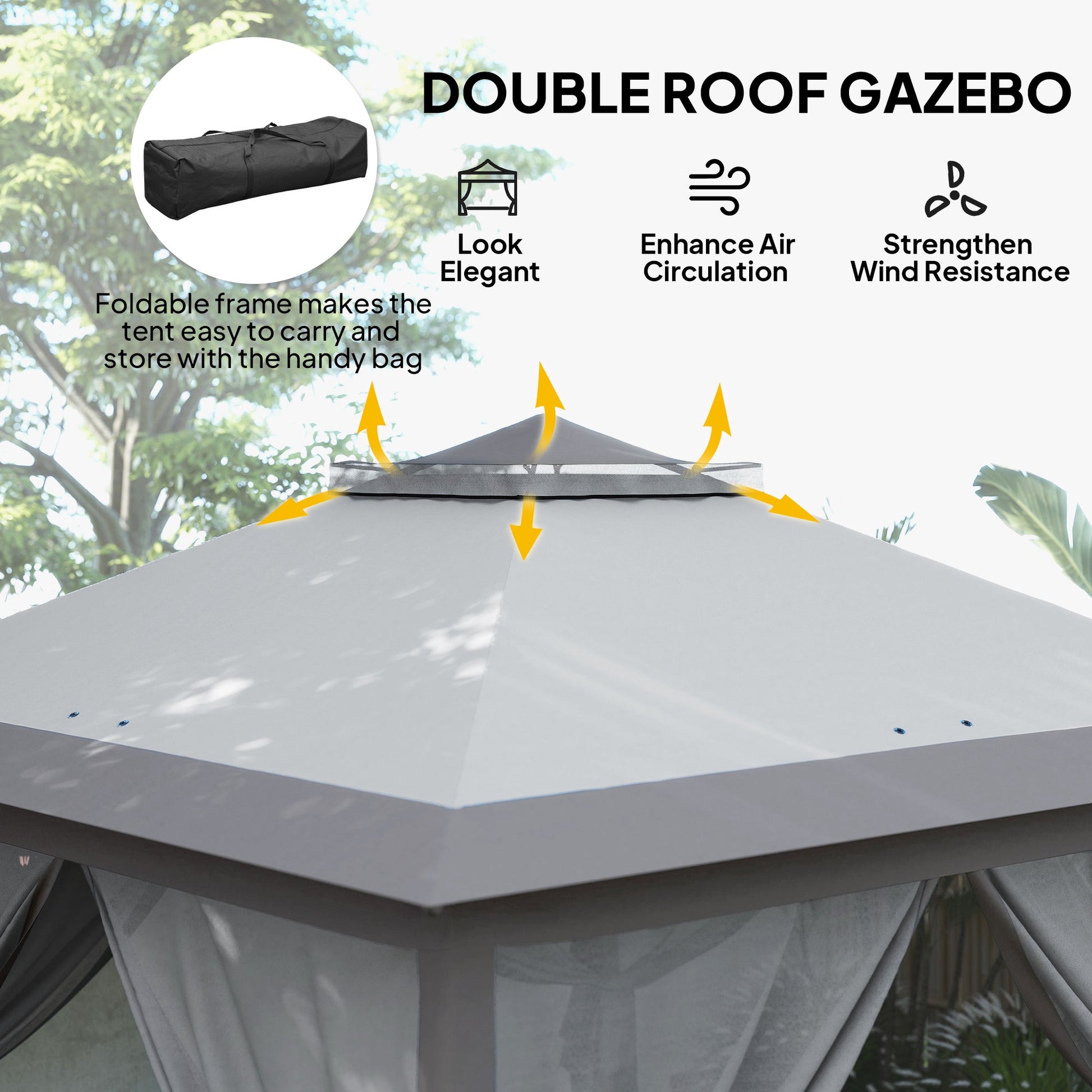 3.3 x 3.3m Pop Up Gazebo, Double Roof Foldable Canopy Tent with Zipped Mesh Sidewalls, Height Adjustable and Carrying Bag, Event Tent for Patio Garden, Grey