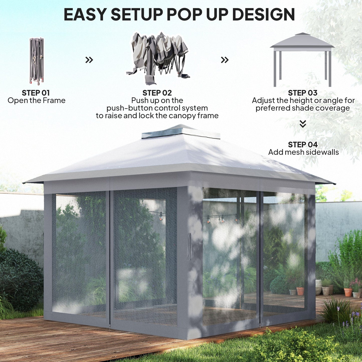 3.3 x 3.3m Pop Up Gazebo, Double Roof Foldable Canopy Tent with Zipped Mesh Sidewalls, Height Adjustable and Carrying Bag, Event Tent for Patio Garden, Grey