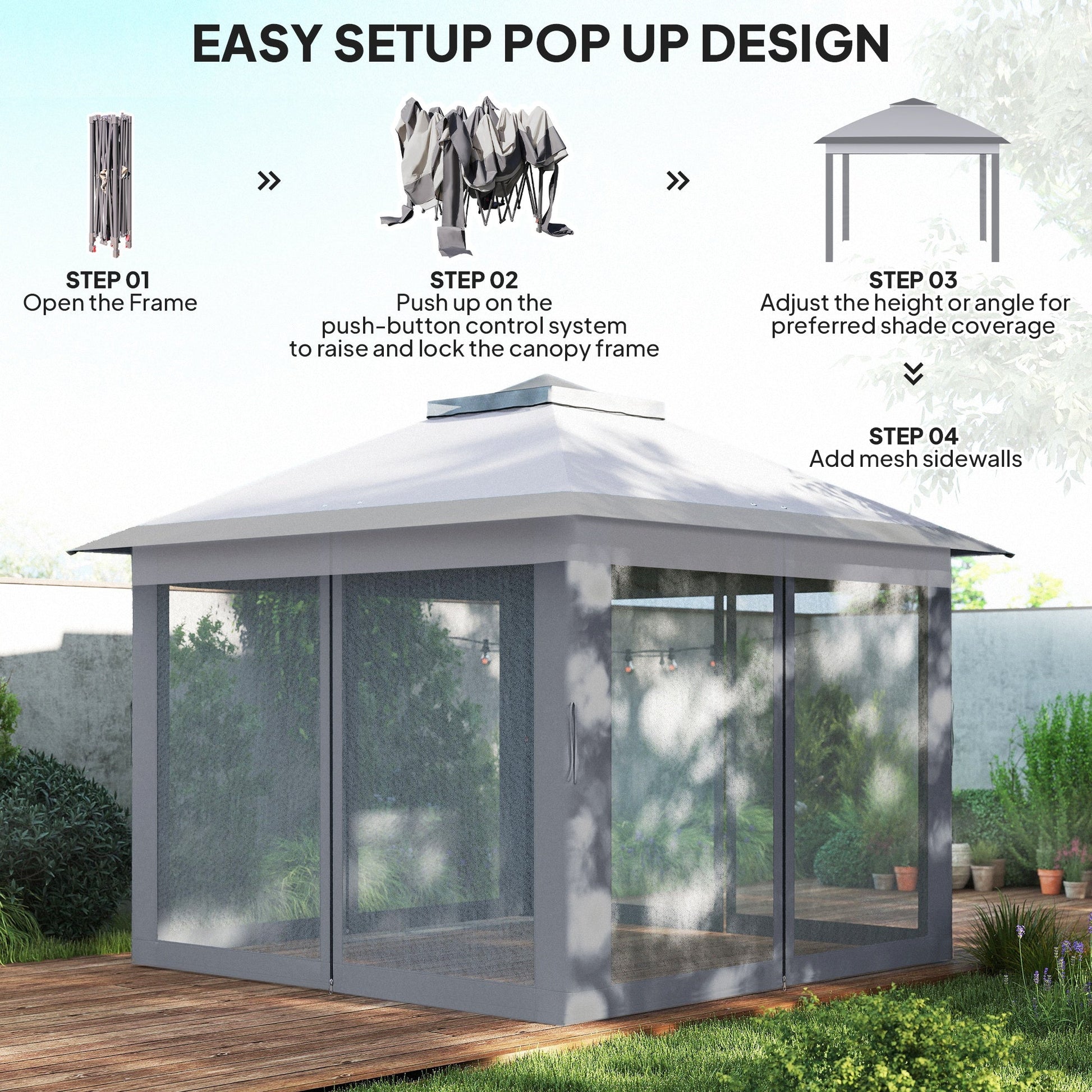 3.3 x 3.3m Pop Up Gazebo, Double Roof Foldable Canopy Tent with Zipped Mesh Sidewalls, Height Adjustable and Carrying Bag, Event Tent for Patio Garden, Grey