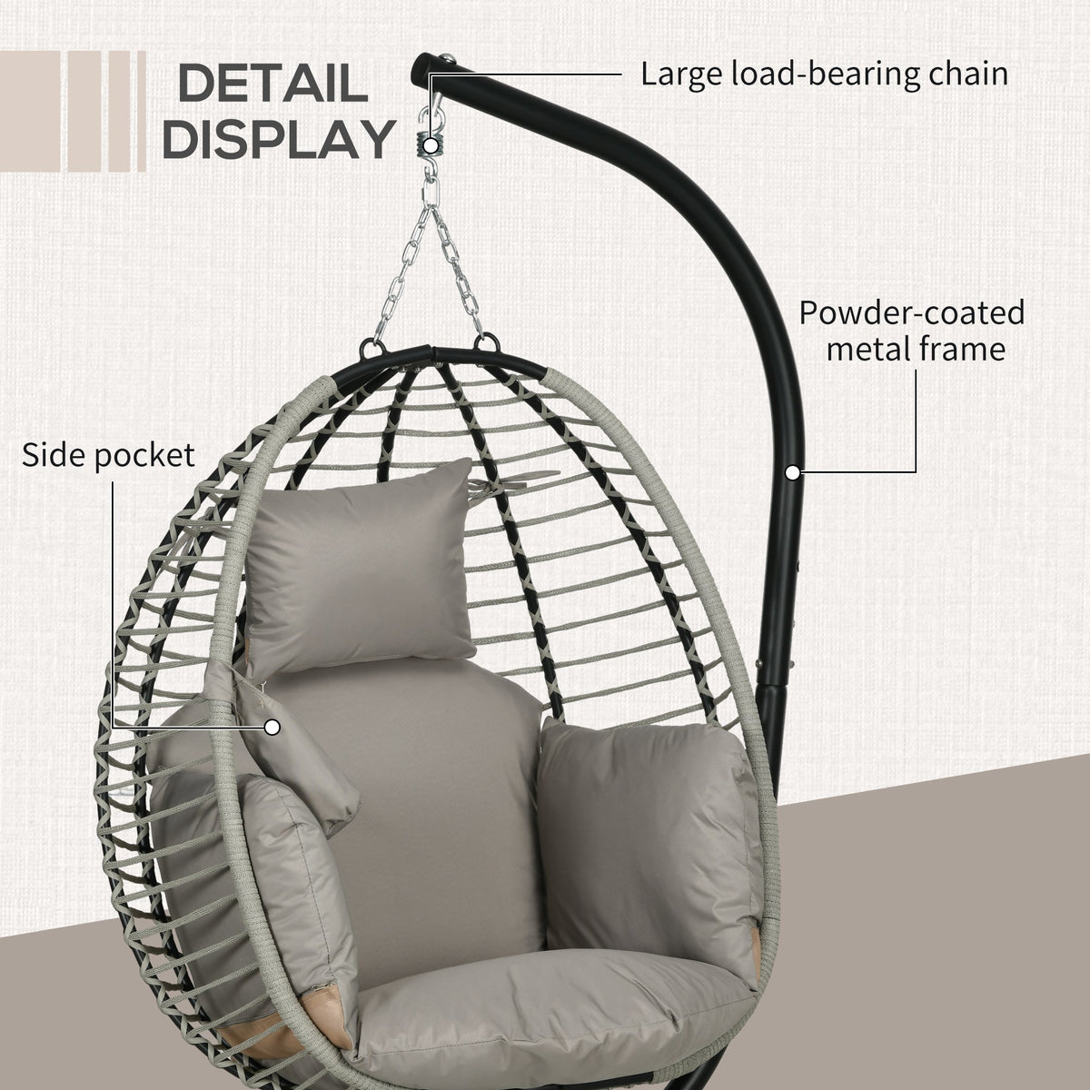 Outdoor Swing Chair with Thick Padded Cushion, Patio Hanging Egg Chair with Metal Stand, Foldable Basket, Cup Holder, Rope Structure for Indoor & Outdoor, Grey