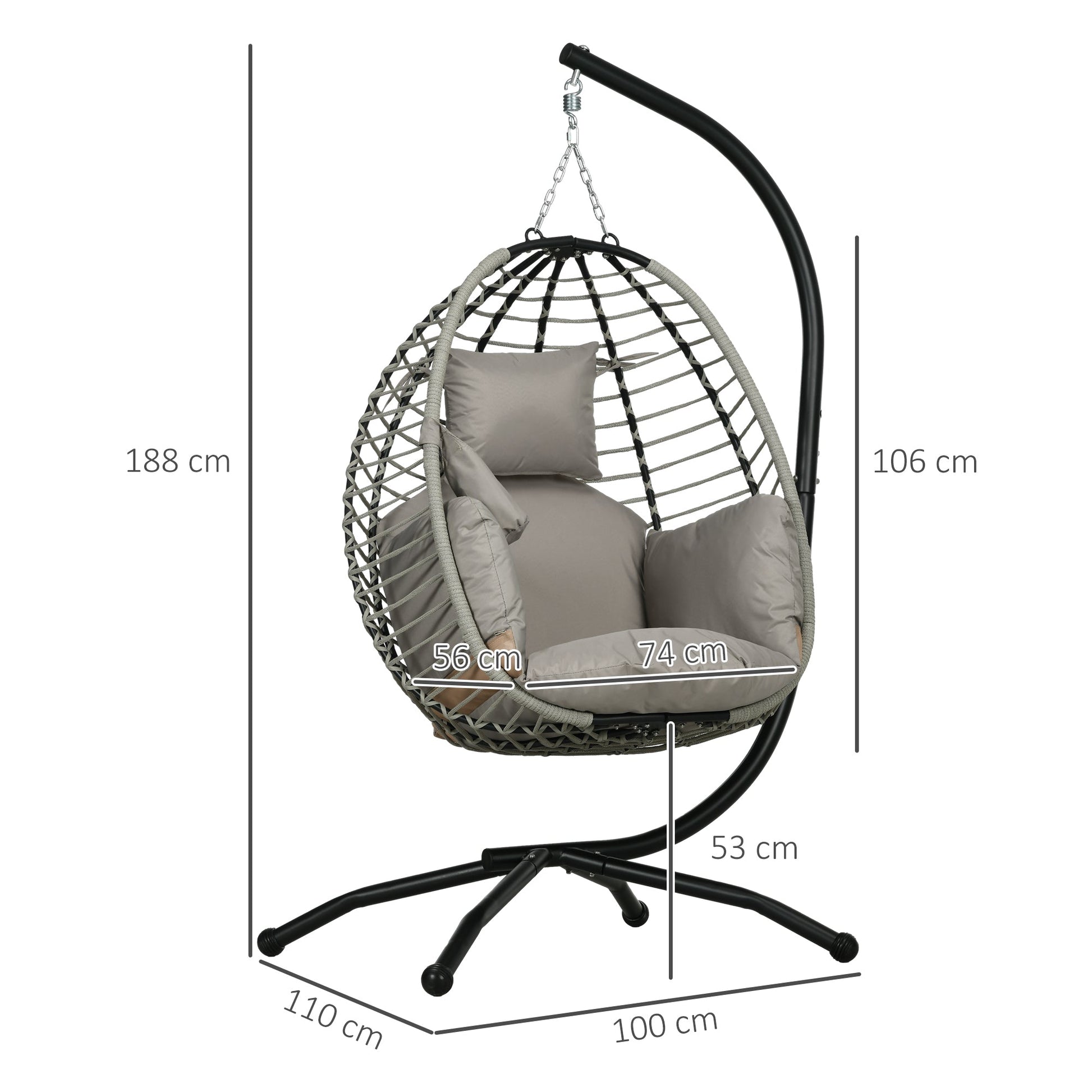 Outdoor Swing Chair with Thick Padded Cushion, Patio Hanging Egg Chair with Metal Stand, Foldable Basket, Cup Holder, Rope Structure for Indoor & Outdoor, Grey