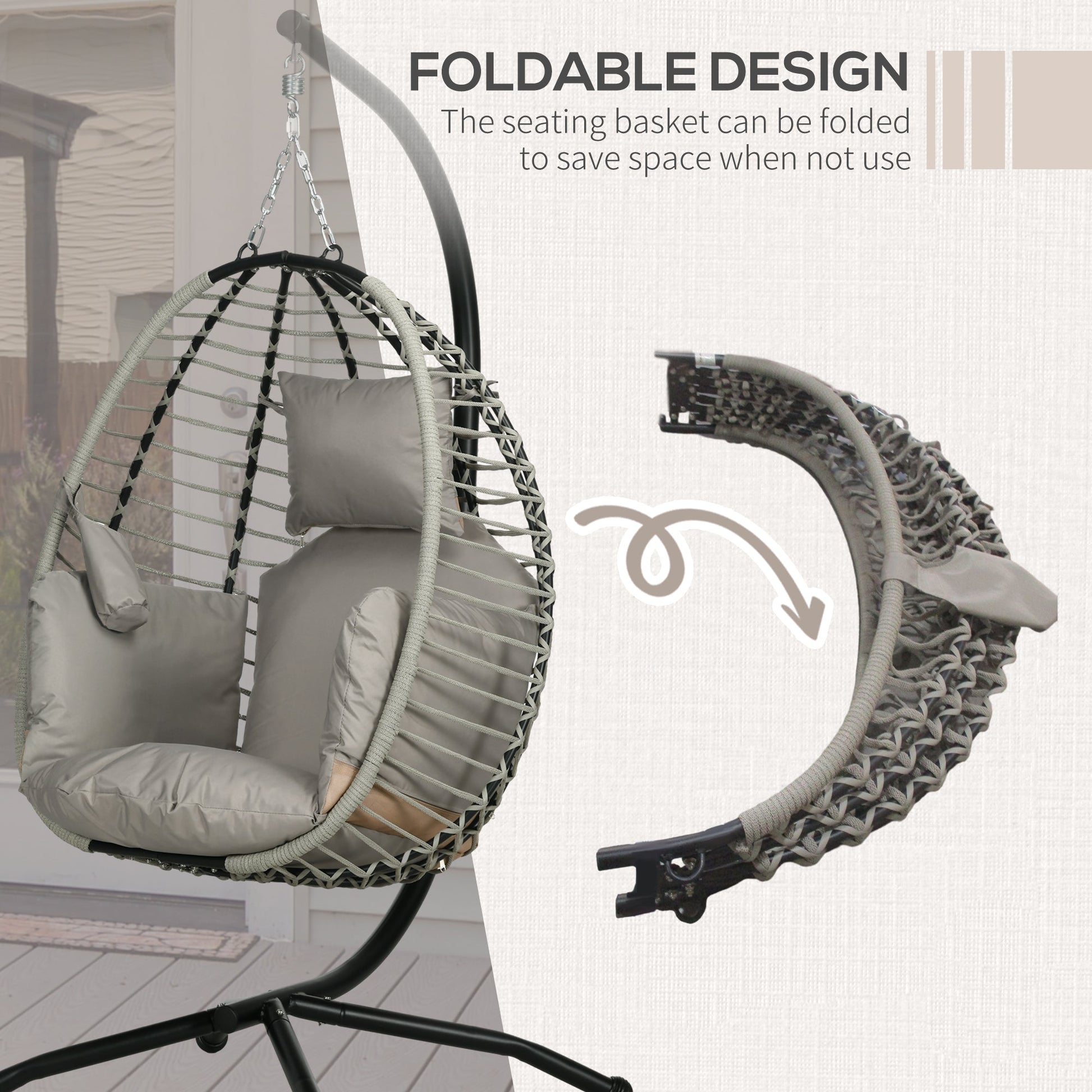 Outdoor Swing Chair with Thick Padded Cushion, Patio Hanging Egg Chair with Metal Stand, Foldable Basket, Cup Holder, Rope Structure for Indoor & Outdoor, Grey
