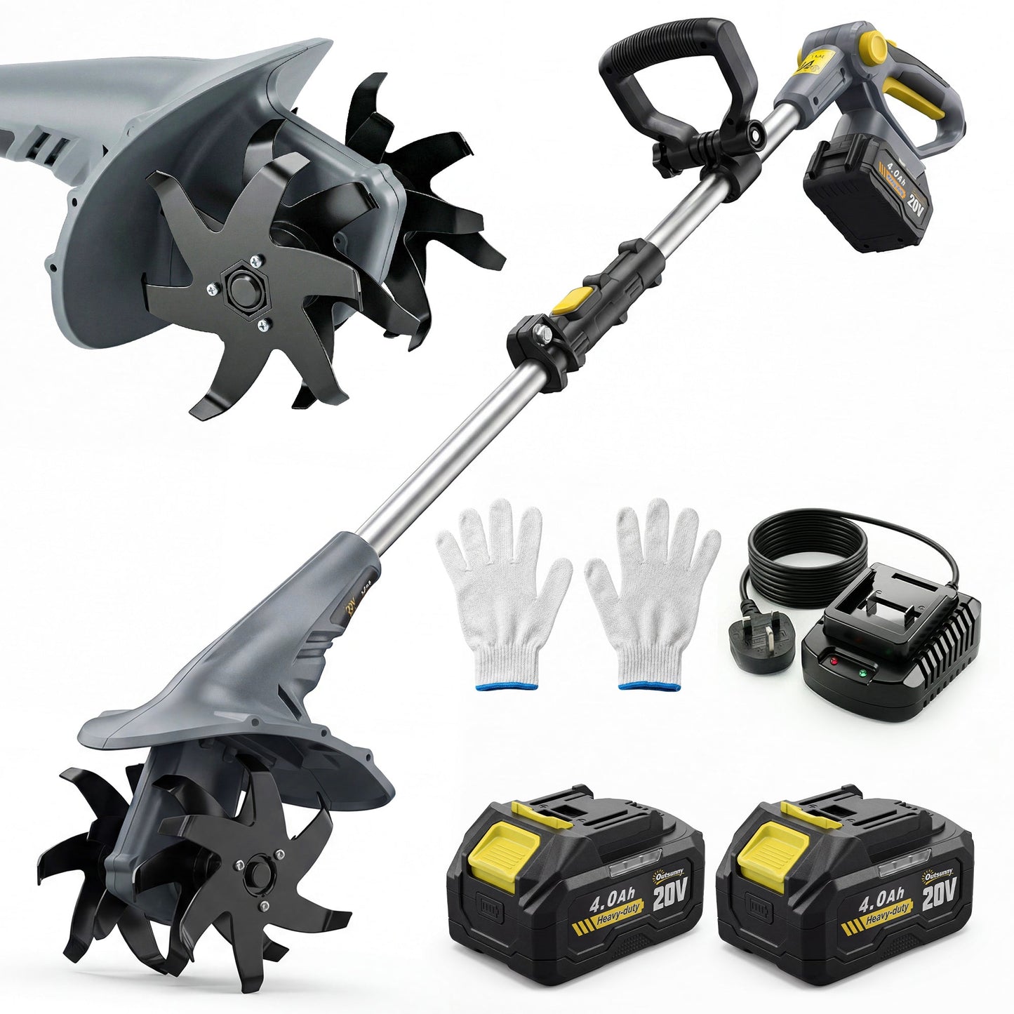 Cordless Tiller, 18V Electric Garden Rotavator with 2 x 4000mAh Batteries, Charger, 20cm Tilling Width & 18cm Depth, 4 Blades, Aluminium Shaft, Adjustable Handle for Weeding, Loosening Soil