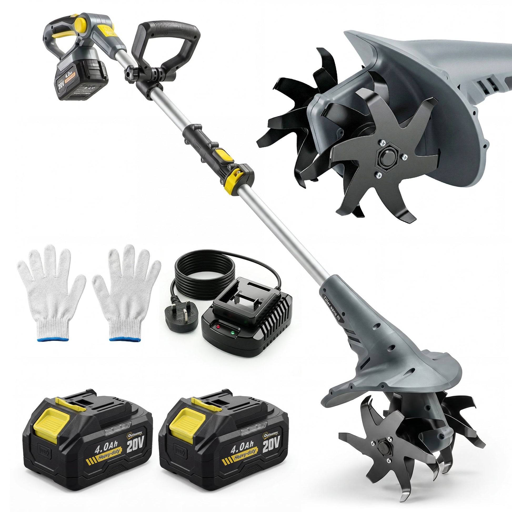 Cordless Tiller, 18V Electric Garden Rotavator with 2 x 4000mAh Batteries, Charger, 20cm Tilling Width & 18cm Depth, 4 Blades, Aluminium Shaft, Adjustable Handle for Weeding, Loosening Soil