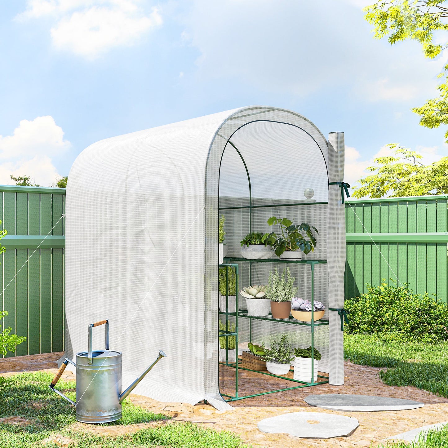 Walk-in Greenhouse with Shelves, Small Greenhouse with Roll-up Door, Garden Plant Growhouse with PE Cover, 123 x 187 x 189 cm, White