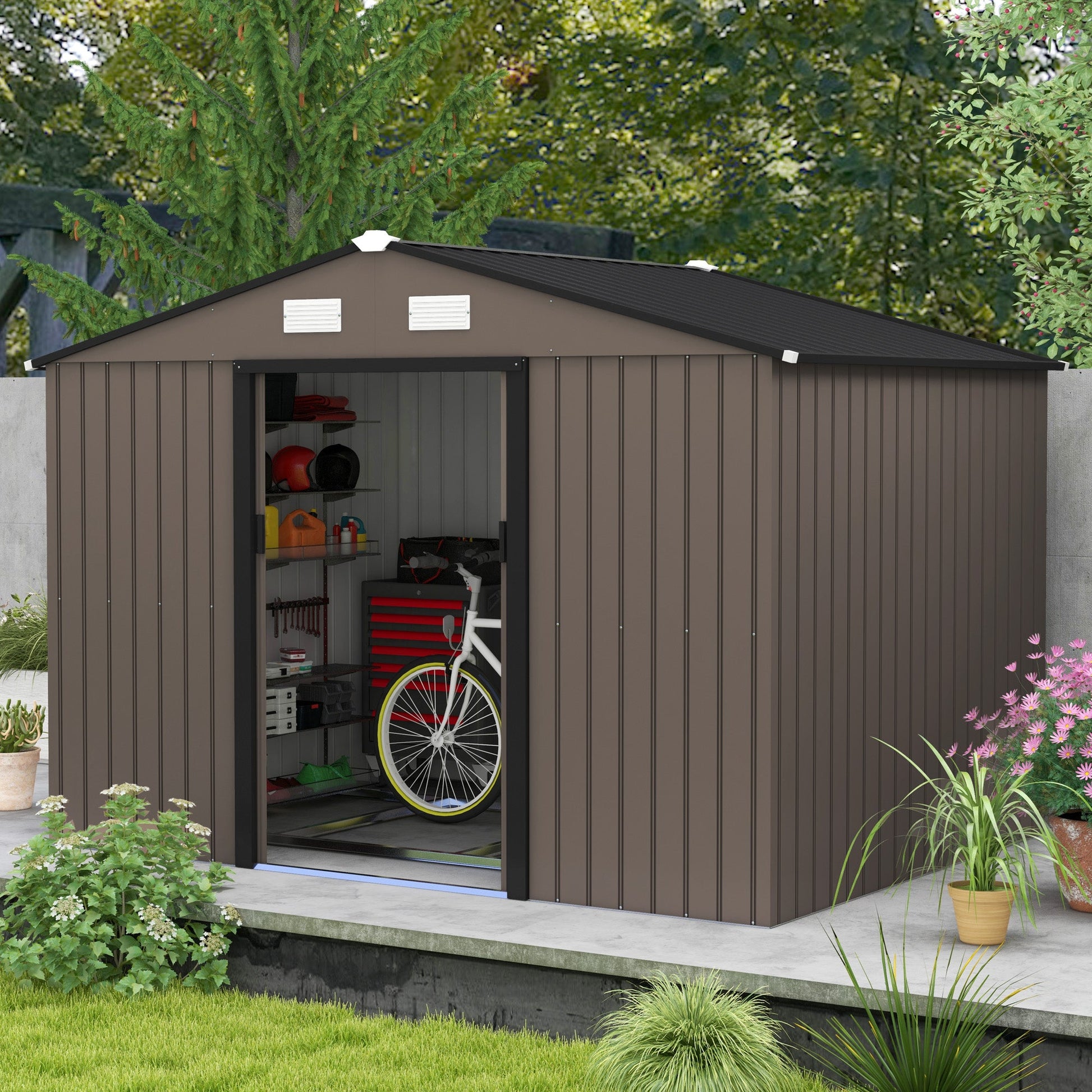 9 x 6ft Metal Garden Shed, Outdoor Storage Tool House with Ventilation Slots, Foundation Kit and Lockable Double Doors, Brown