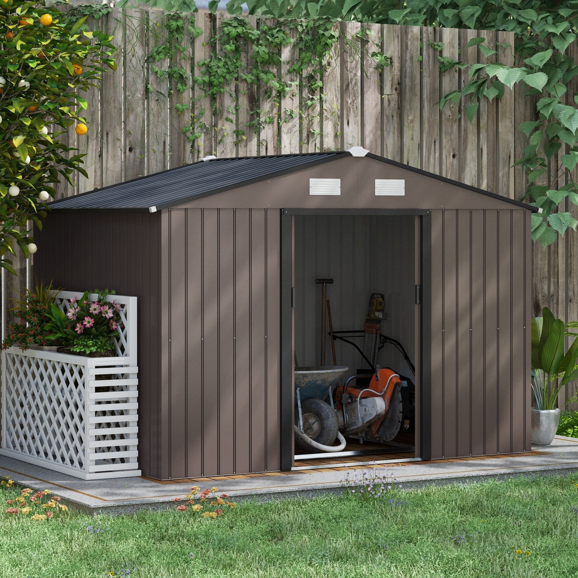 9 x 6ft Metal Garden Shed, Outdoor Storage Tool House with Ventilation Slots, Foundation Kit and Lockable Double Doors, Brown
