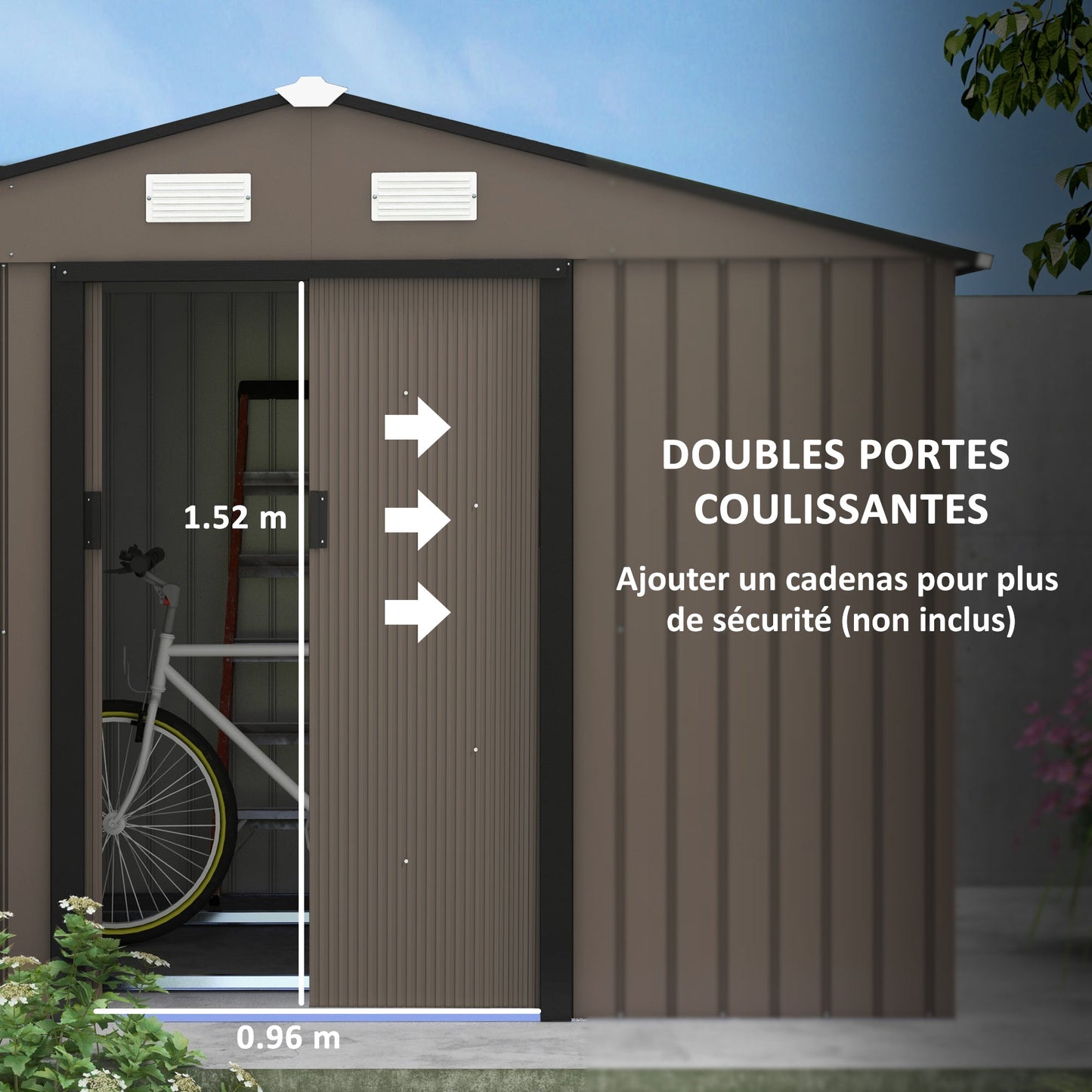 9 x 6ft Metal Garden Shed, Outdoor Storage Tool House with Ventilation Slots, Foundation Kit and Lockable Double Doors, Brown