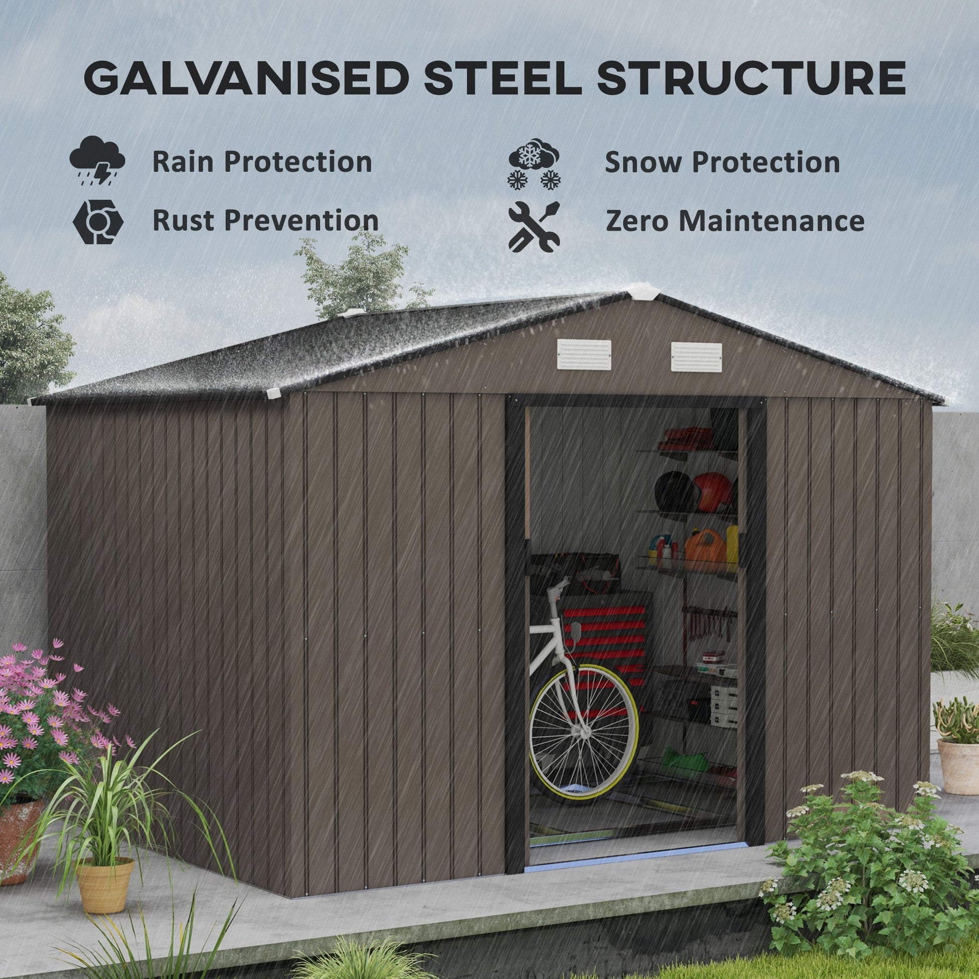 9 x 6ft Metal Garden Shed, Outdoor Storage Tool House with Ventilation Slots, Foundation Kit and Lockable Double Doors, Brown
