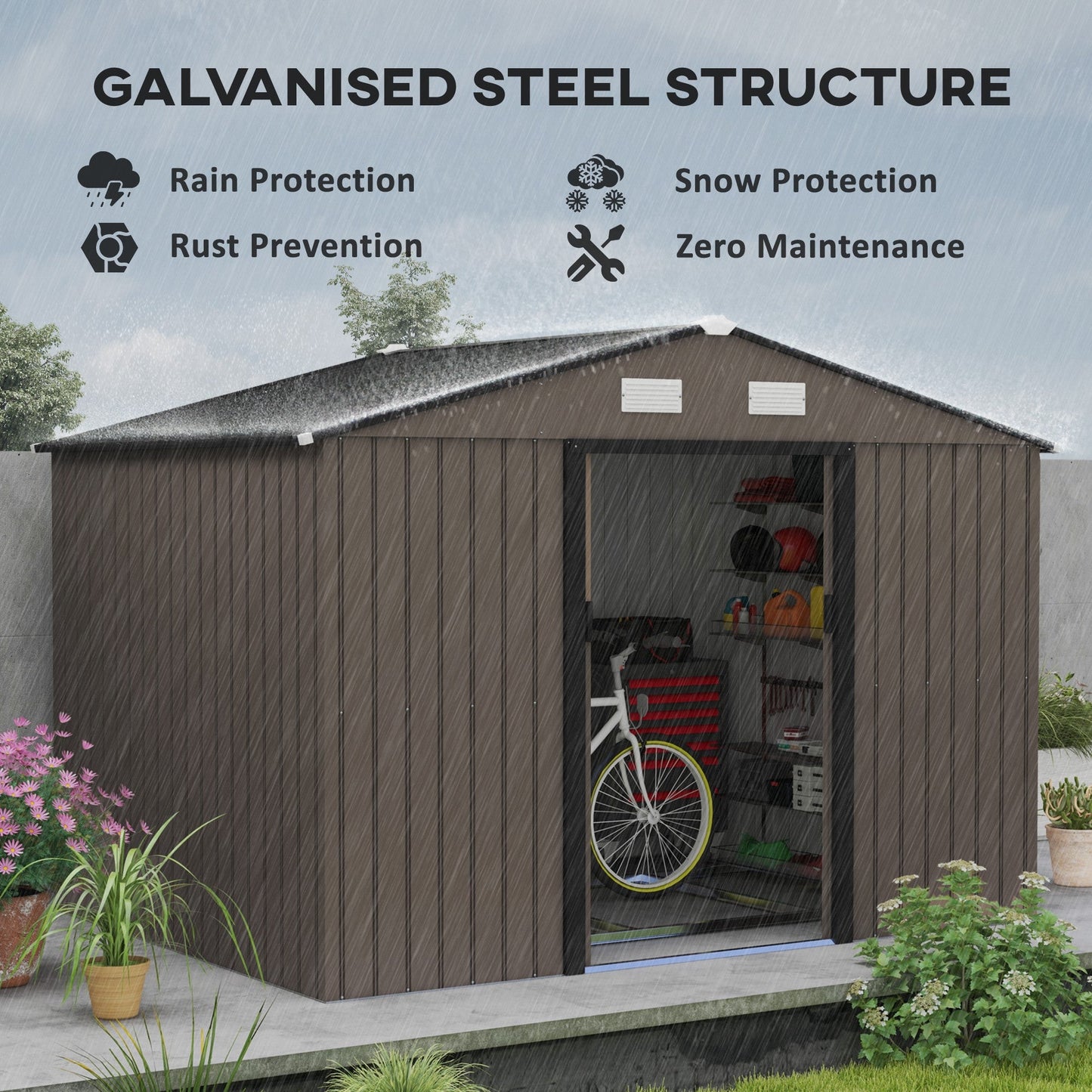9 x 6ft Metal Garden Shed, Outdoor Storage Tool House with Ventilation Slots, Foundation Kit and Lockable Double Doors, Brown