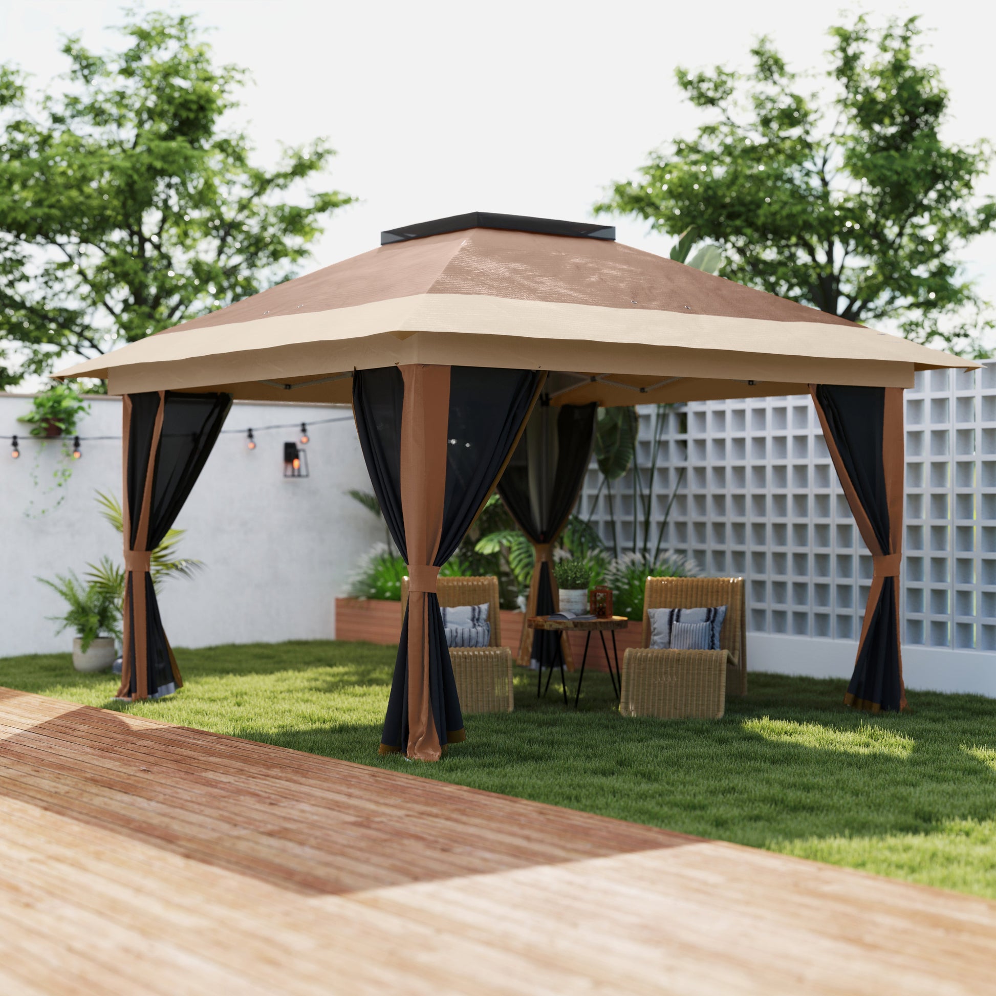 3.6 x 3.6m Pop Up Gazebo with Mesh Sides, UPF50+ Height Adjustable Party Tent Instant Event Shelter with Wheeled Carry Bag and Sand Bags for Garden, Patio, Brown