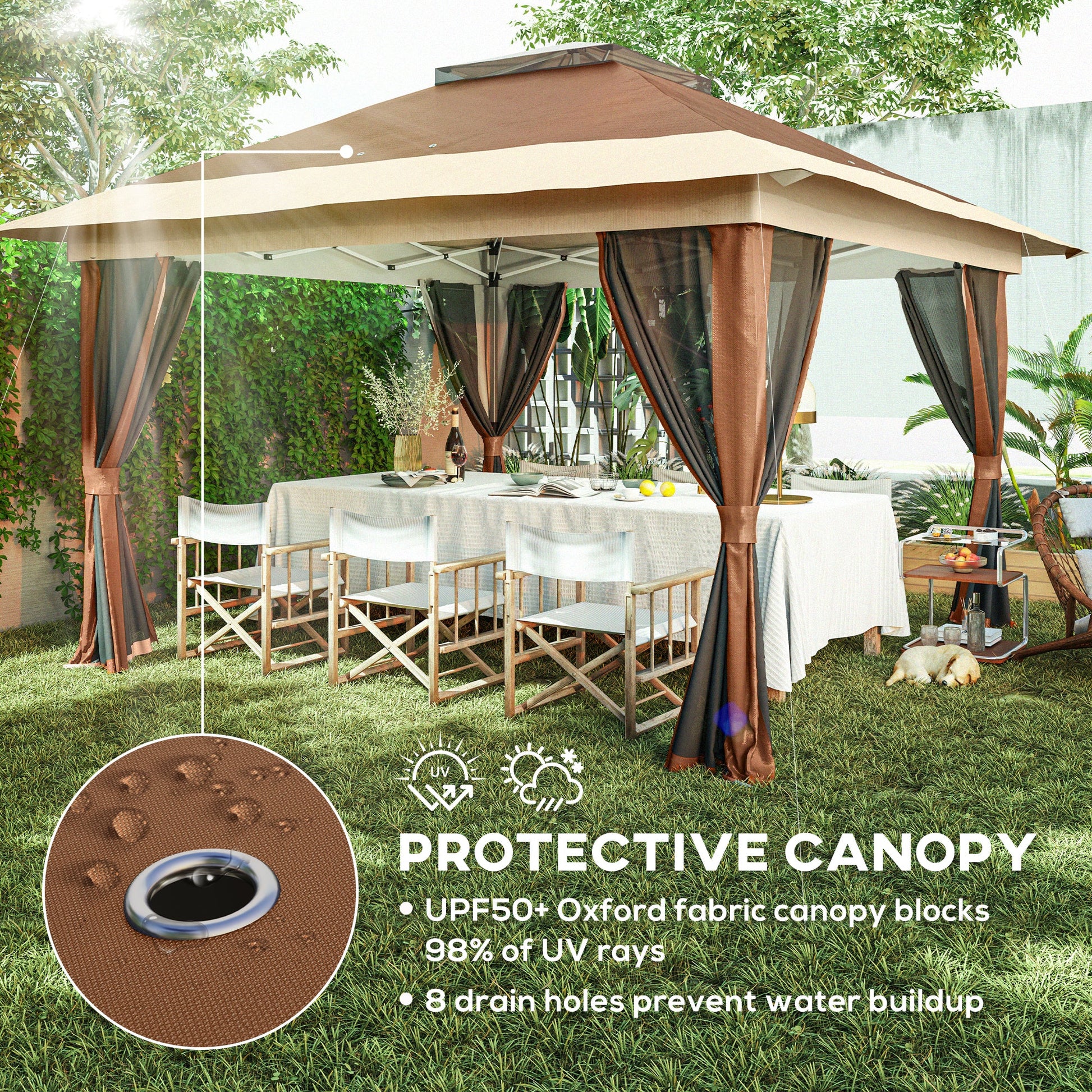 3.6 x 3.6m Pop Up Gazebo with Mesh Sides, UPF50+ Height Adjustable Party Tent Instant Event Shelter with Wheeled Carry Bag and Sand Bags for Garden, Patio, Brown