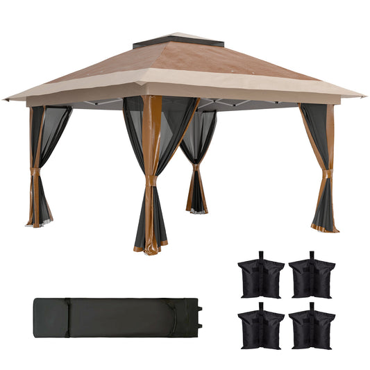 3.6 x 3.6m Pop Up Gazebo with Mesh Sides, UPF50+ Height Adjustable Party Tent Instant Event Shelter with Wheeled Carry Bag and Sand Bags for Garden, Patio, Brown