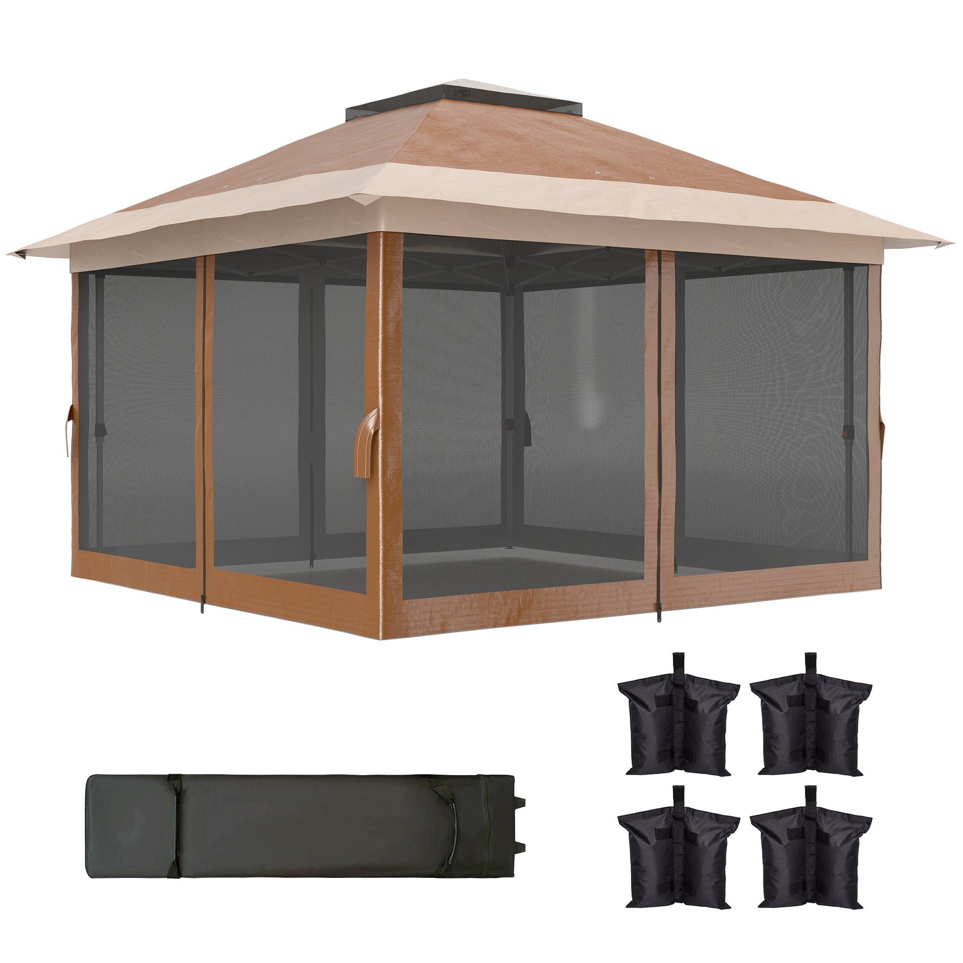 3.6 x 3.6m Pop Up Gazebo with Mesh Sides, UPF50+ Height Adjustable Party Tent Instant Event Shelter with Wheeled Carry Bag and Sand Bags for Garden, Patio, Brown