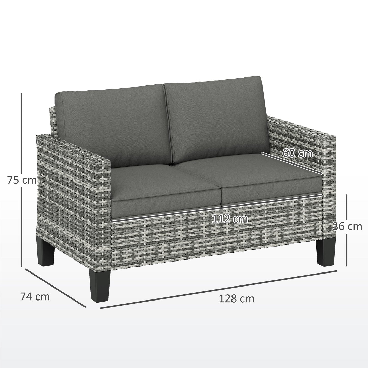 2 Seater Rattan Sofa with Cushions, Wicker Garden Loveseat with Armrests, Outdoor Garden Sofa Couch with Steel Frame for Balcony, Porch, Light Grey