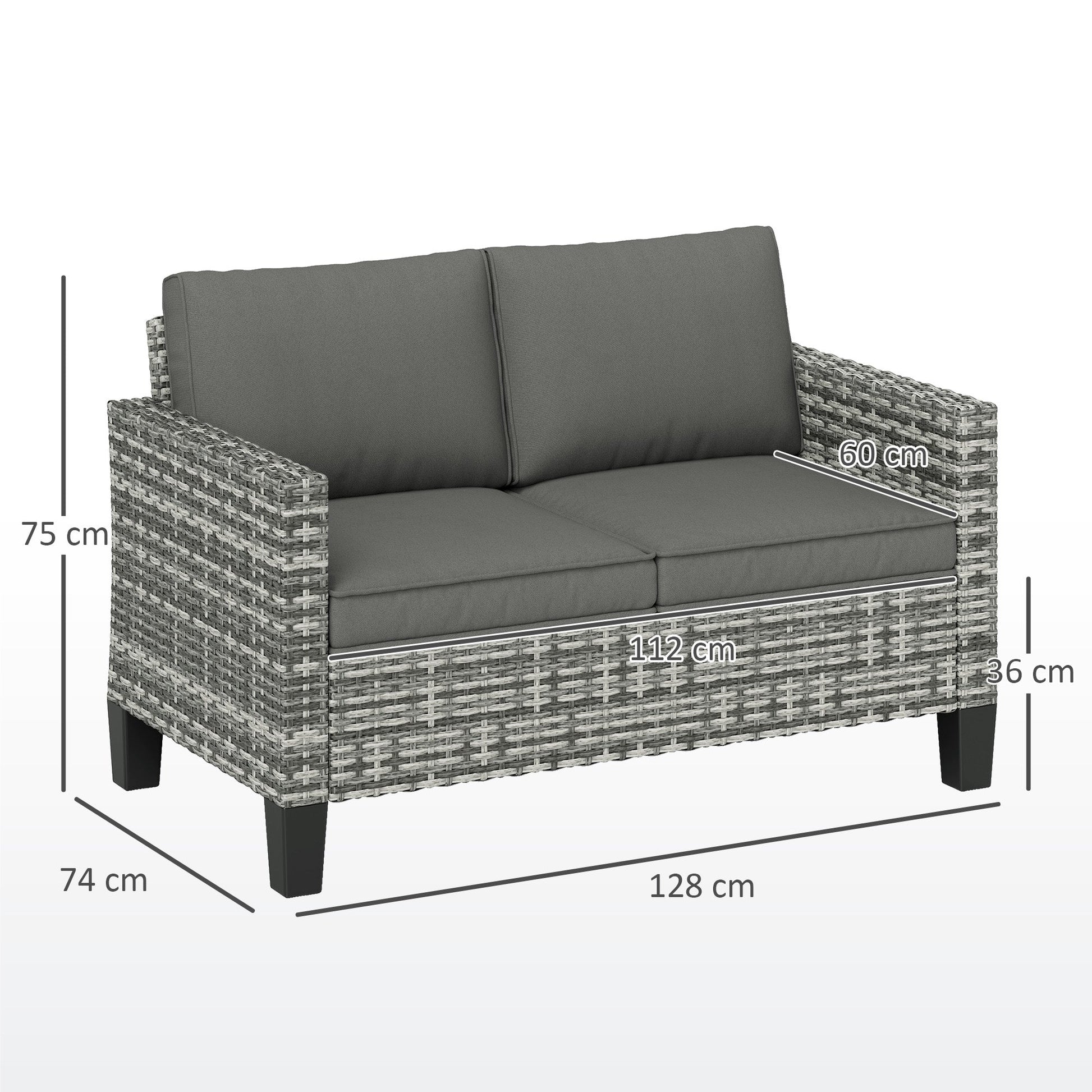 2 Seater Rattan Sofa with Cushions, Wicker Garden Loveseat with Armrests, Outdoor Garden Sofa Couch with Steel Frame for Balcony, Porch, Light Grey