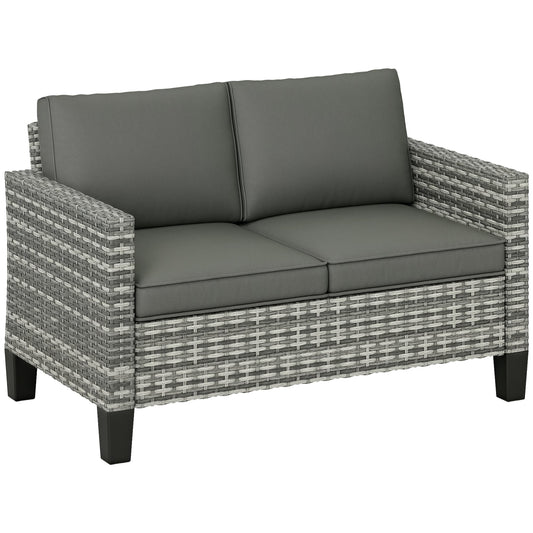 2 Seater Rattan Sofa with Cushions, Wicker Garden Loveseat with Armrests, Outdoor Garden Sofa Couch with Steel Frame for Balcony, Porch, Light Grey