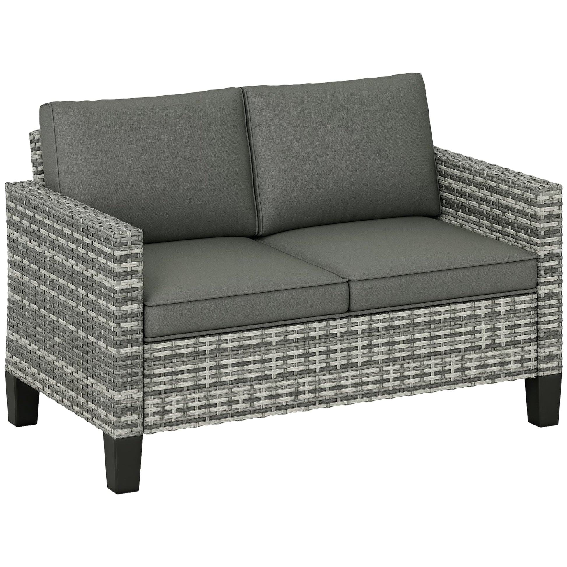 2 Seater Rattan Sofa with Cushions, Wicker Garden Loveseat with Armrests, Outdoor Garden Sofa Couch with Steel Frame for Balcony, Porch, Light Grey