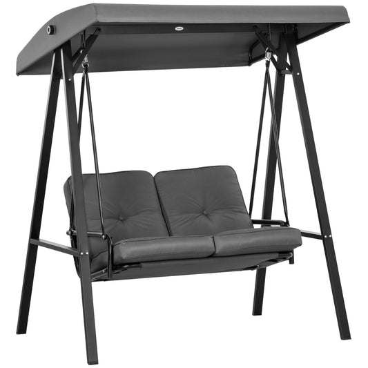 2 Seater Garden Swing Chair with Adjustable Tilting Canopy, Outdoor Hammock Bench with Steel Frame for Patio, Dark Grey