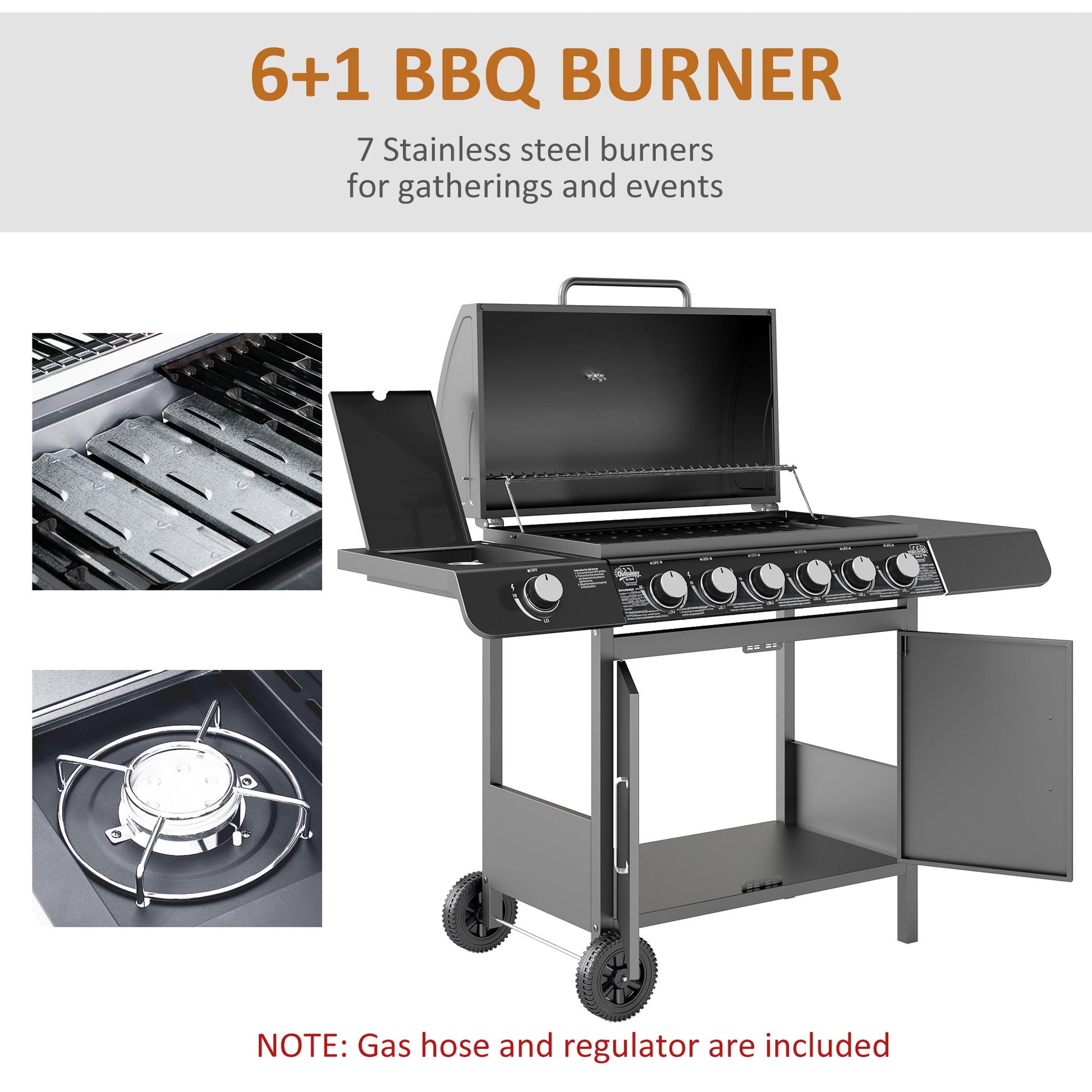 6+1 Burner Gas BBQ Grill, Outdoor Barbecue Trolley with Wheels, Warming Rack, Side Shelves, Cabinet, Thermometer for Garden, Party, Camping, 135 x 51.5 x 100cm, Grey